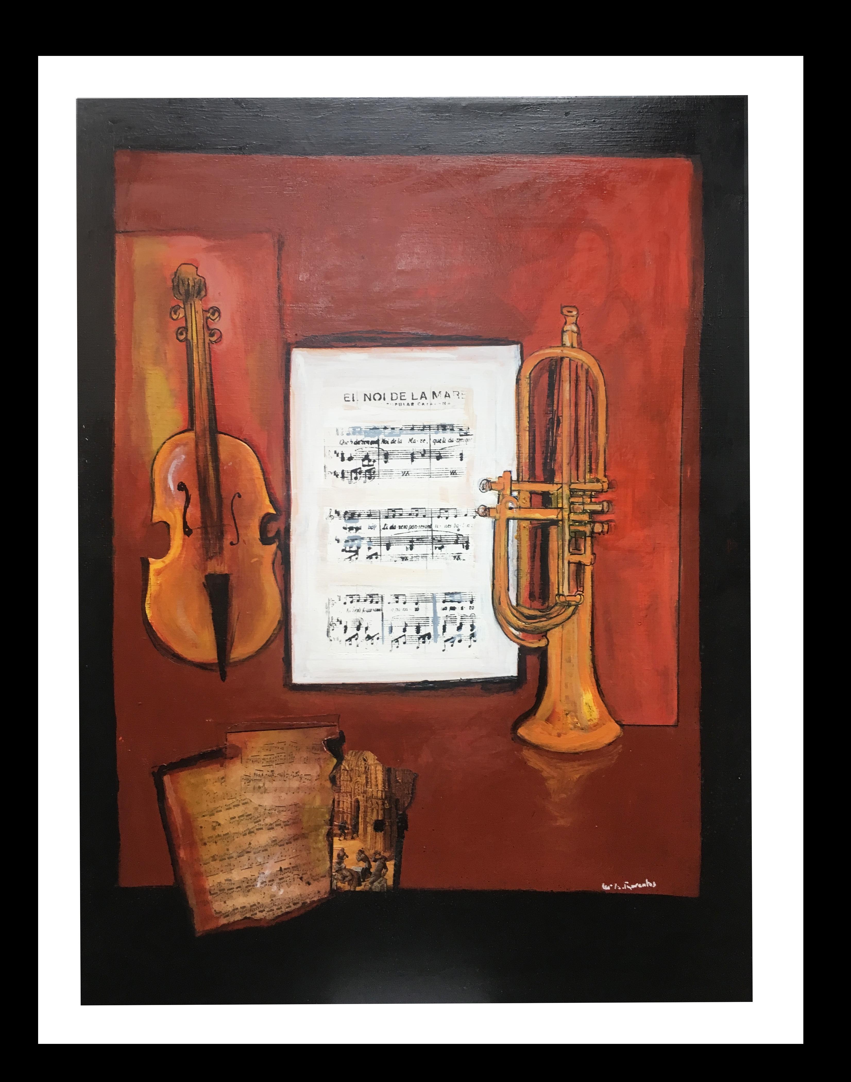 Raventos  Trumpet  Violin  Score  Red  Black original expressionist mixed media  - Painting by Maria Asuncion Raventos