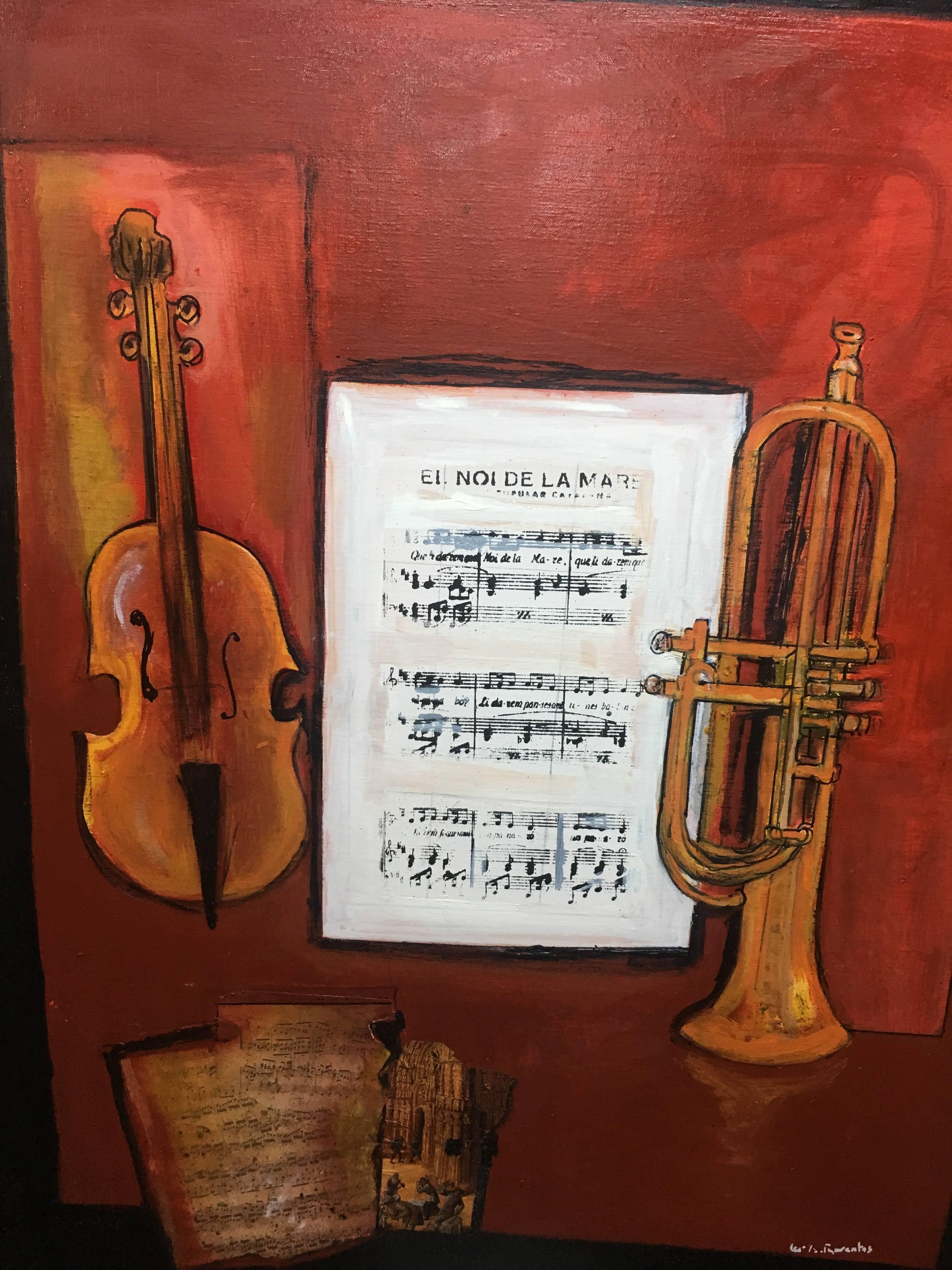Raventos 12 trompettes  Violon   Rouge  Techniques mixtes expressionnistes originales noires  - Expressionniste Painting par Maria Asuncion Raventos