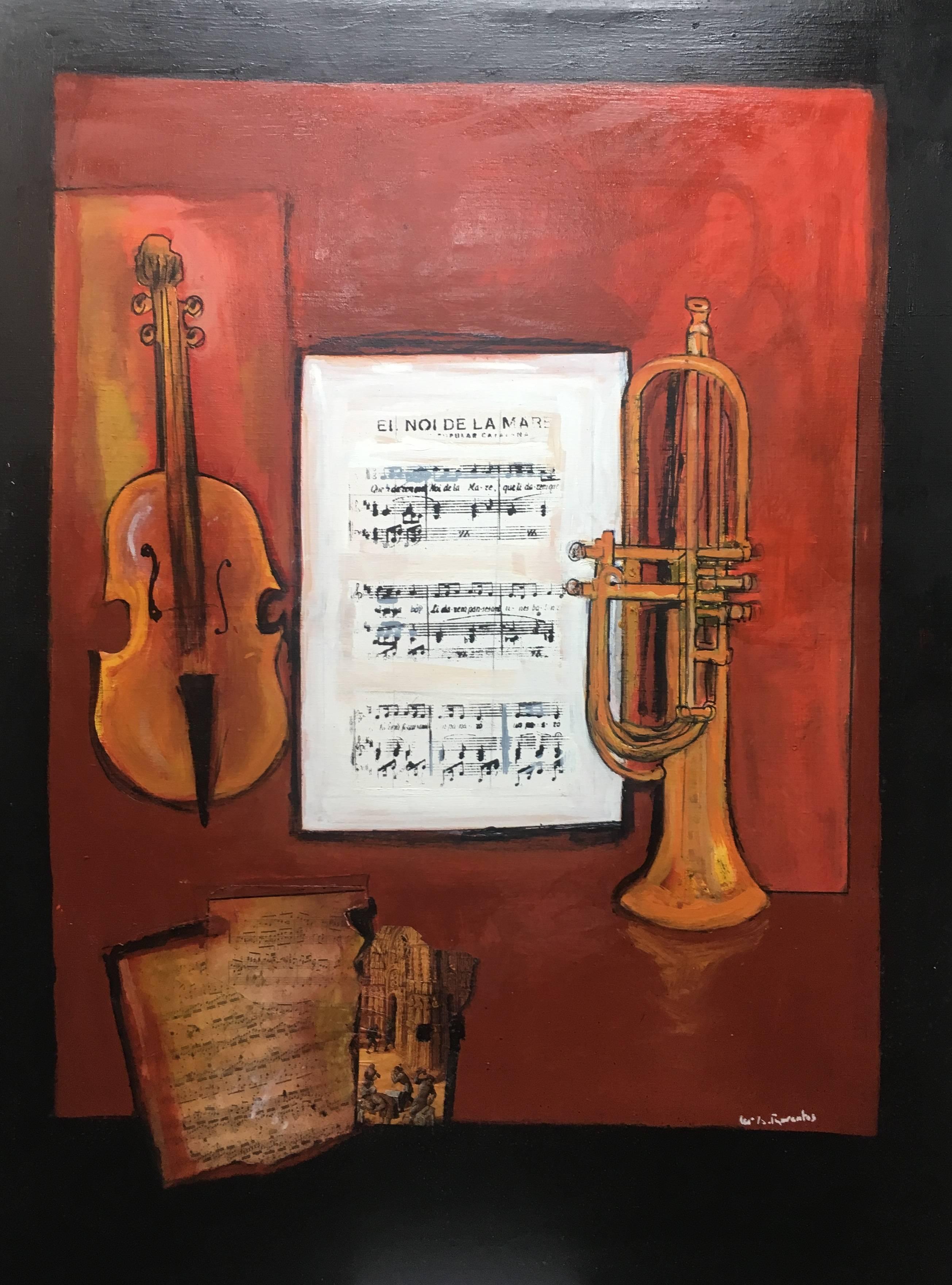 Maria Asuncion Raventos Still-Life Painting - Raventos  Trumpet  Violin  Score  Red  Black original expressionist mixed media 