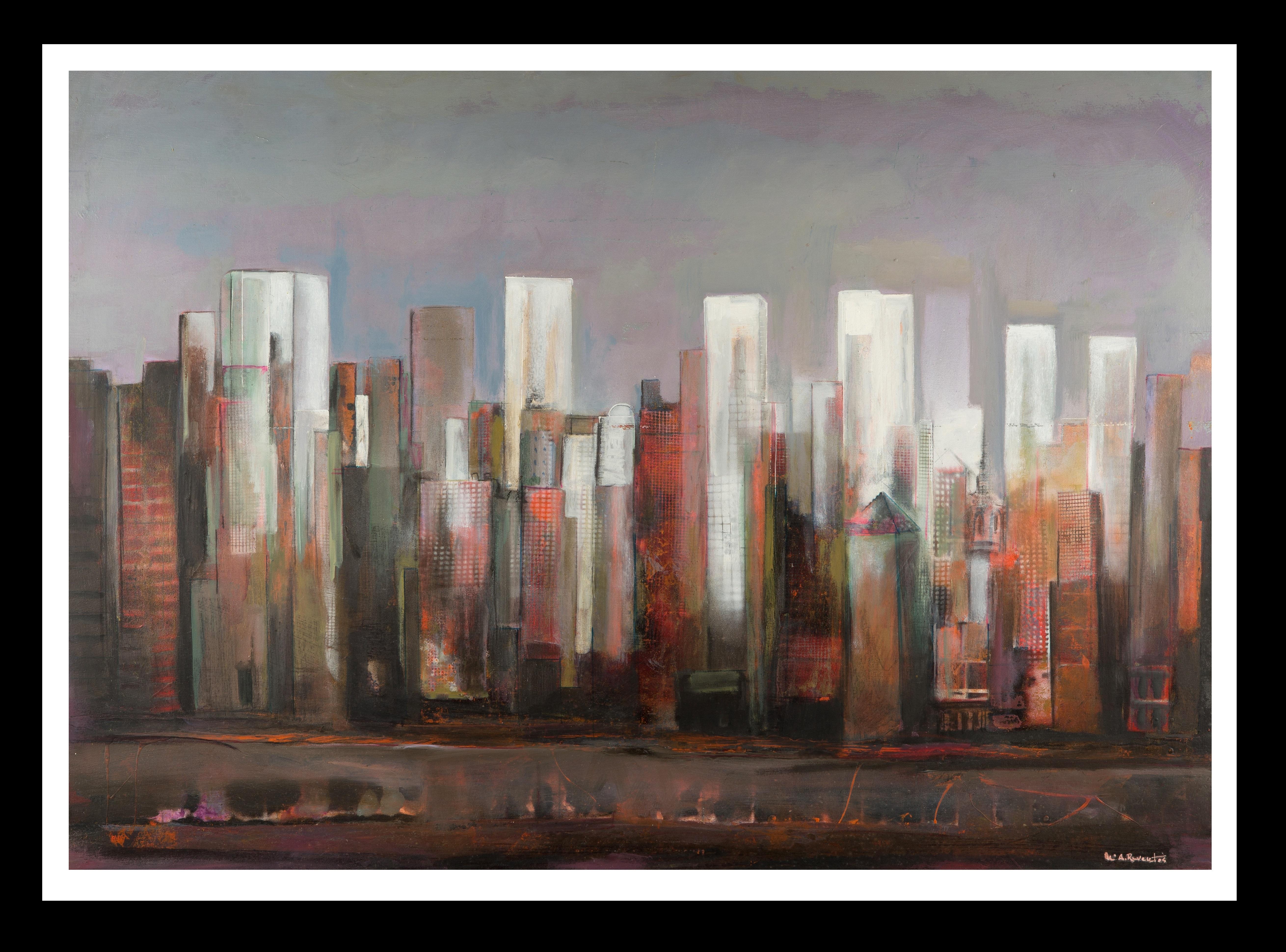 Raventós  La ville des gratte-ciel  Peinture expressionniste originale sur toile à l'acrylique - Painting de Maria Asuncion Raventos