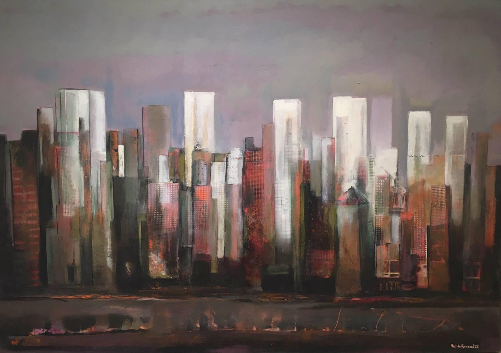Raventós  La ville des gratte-ciel  Peinture expressionniste originale sur toile à l'acrylique - Expressionniste Painting par Maria Asuncion Raventos