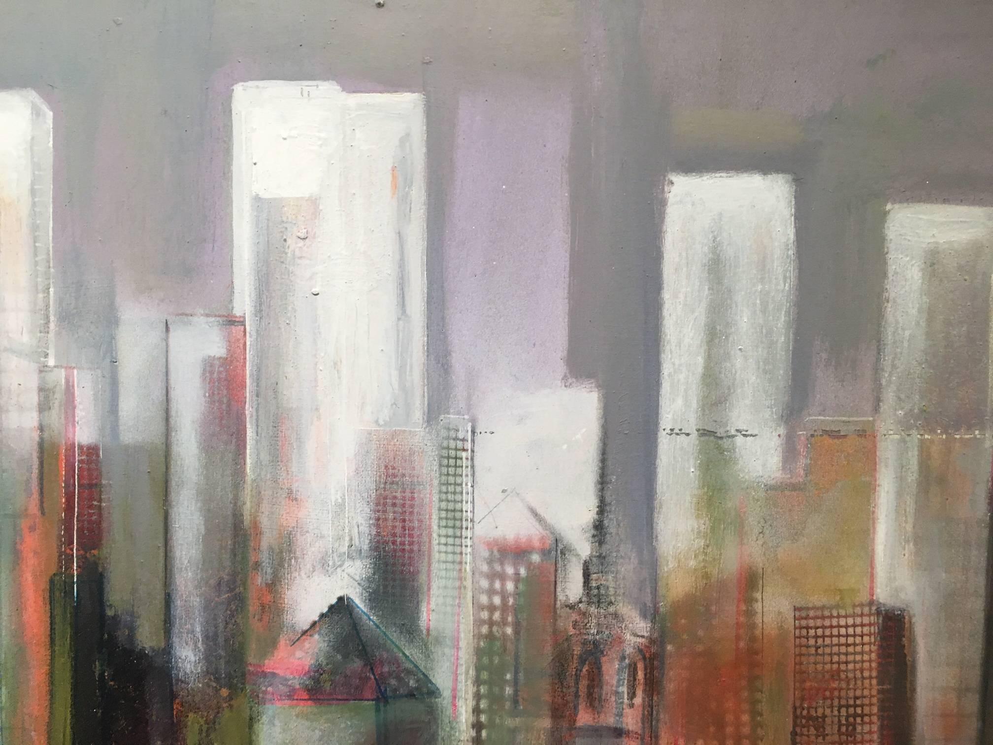 Raventós  La ville des gratte-ciel  Peinture expressionniste originale sur toile à l'acrylique 1