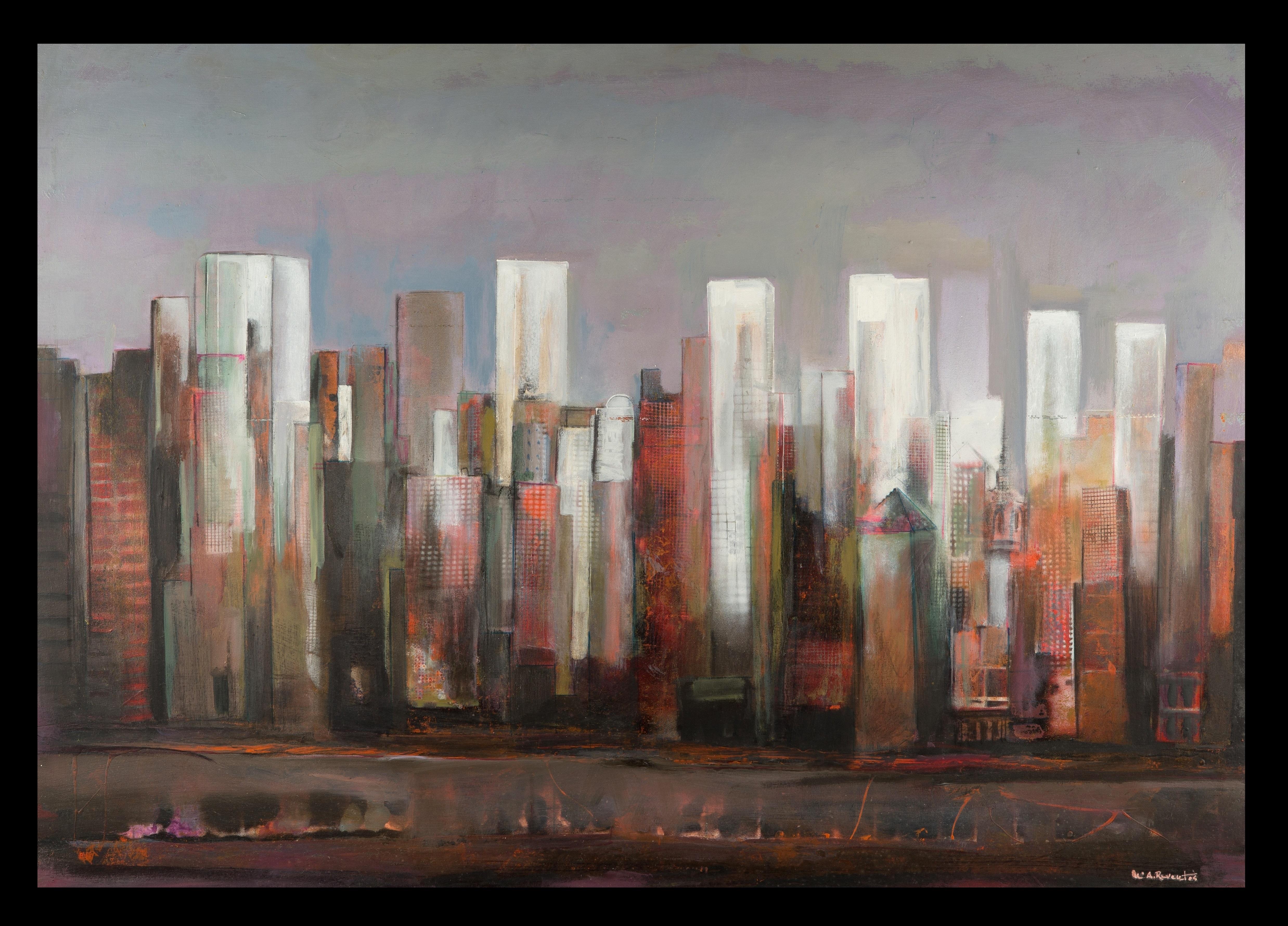 Landscape Painting Maria Asuncion Raventos - Raventós  La ville des gratte-ciel  Peinture expressionniste originale sur toile à l
acrylique
