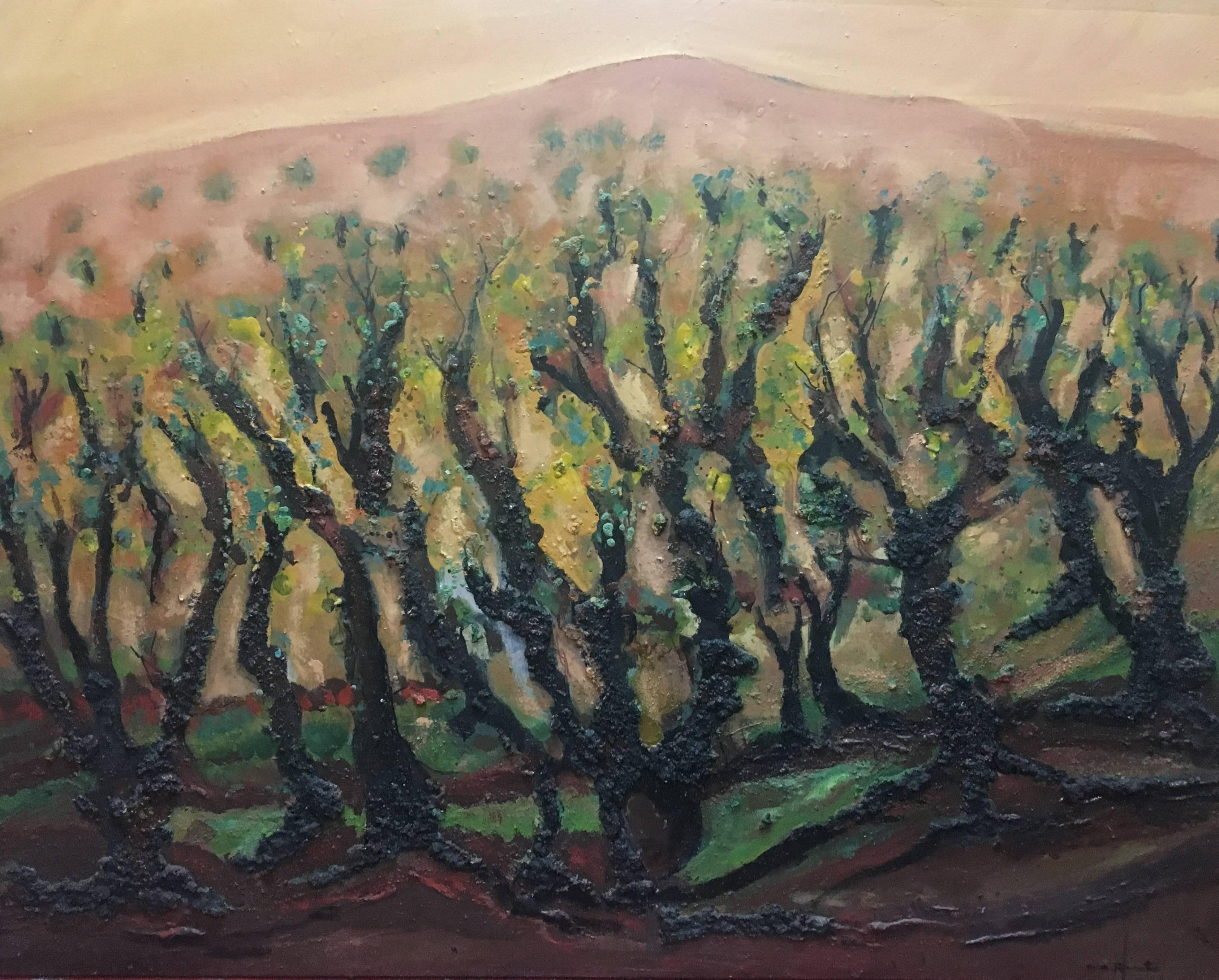 Raventos  Landscape of Vineyar  Big original expressionist mixed media painting - Painting by Maria Asuncion Raventos