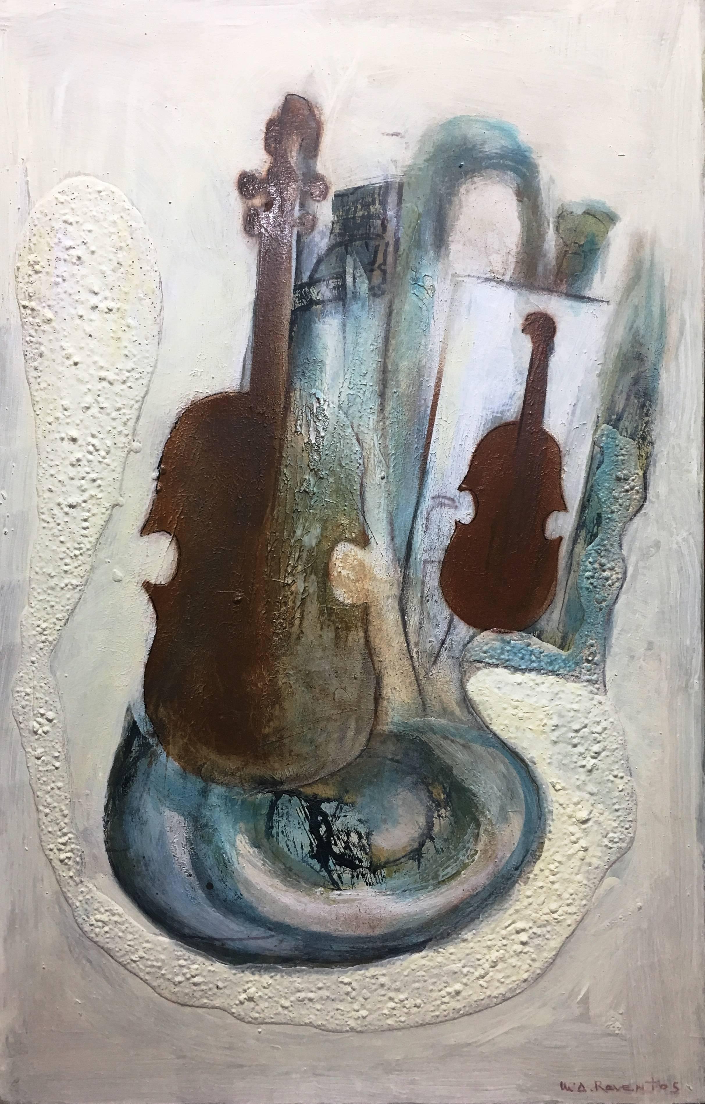 Raventos  Vertical  Fiddle   Music original expressionist mixed media  - Painting by Maria Asuncion Raventos