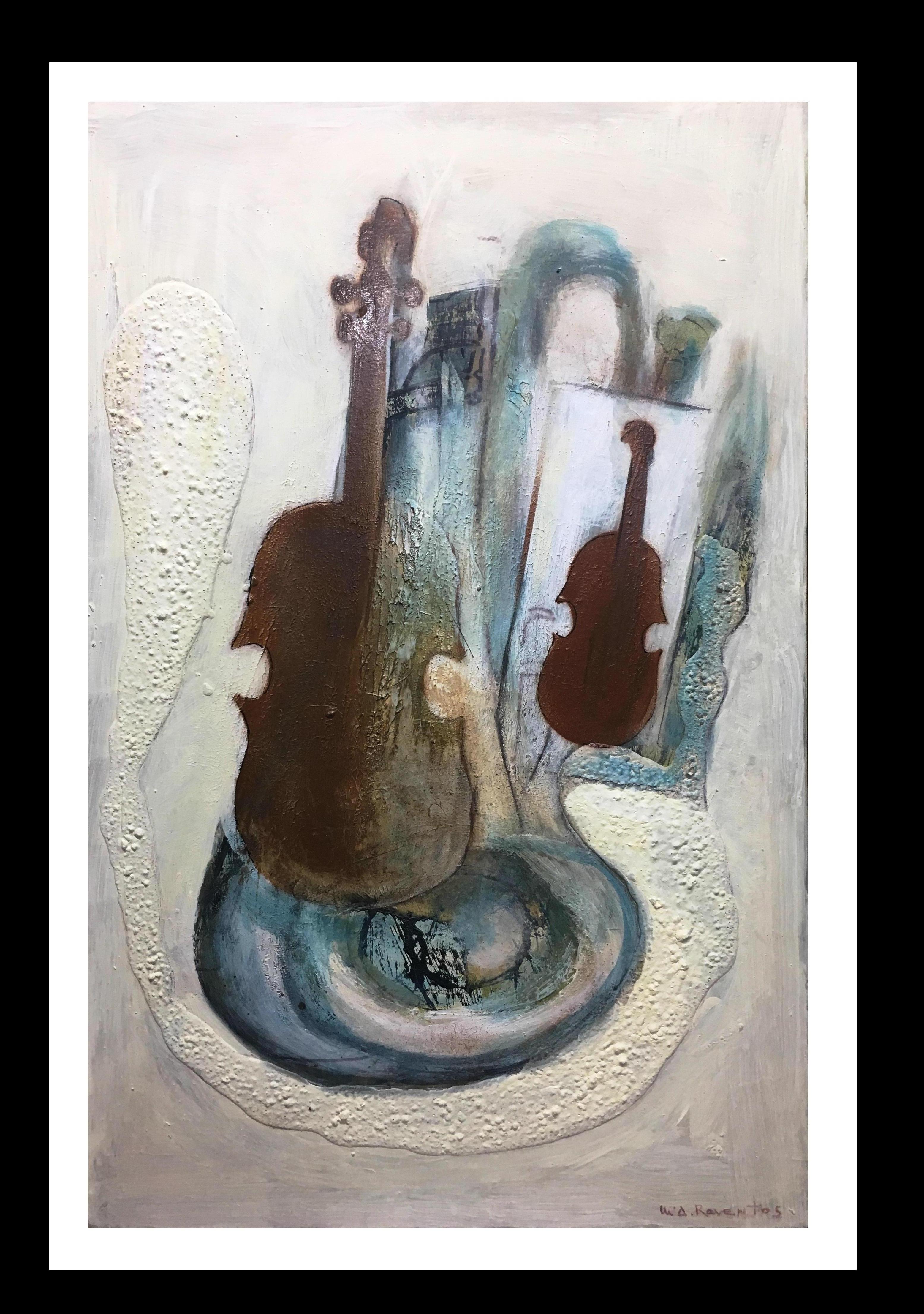 Maria Asuncion Raventos Still-Life Painting - Raventos  Vertical  Fiddle   Music original expressionist mixed media 