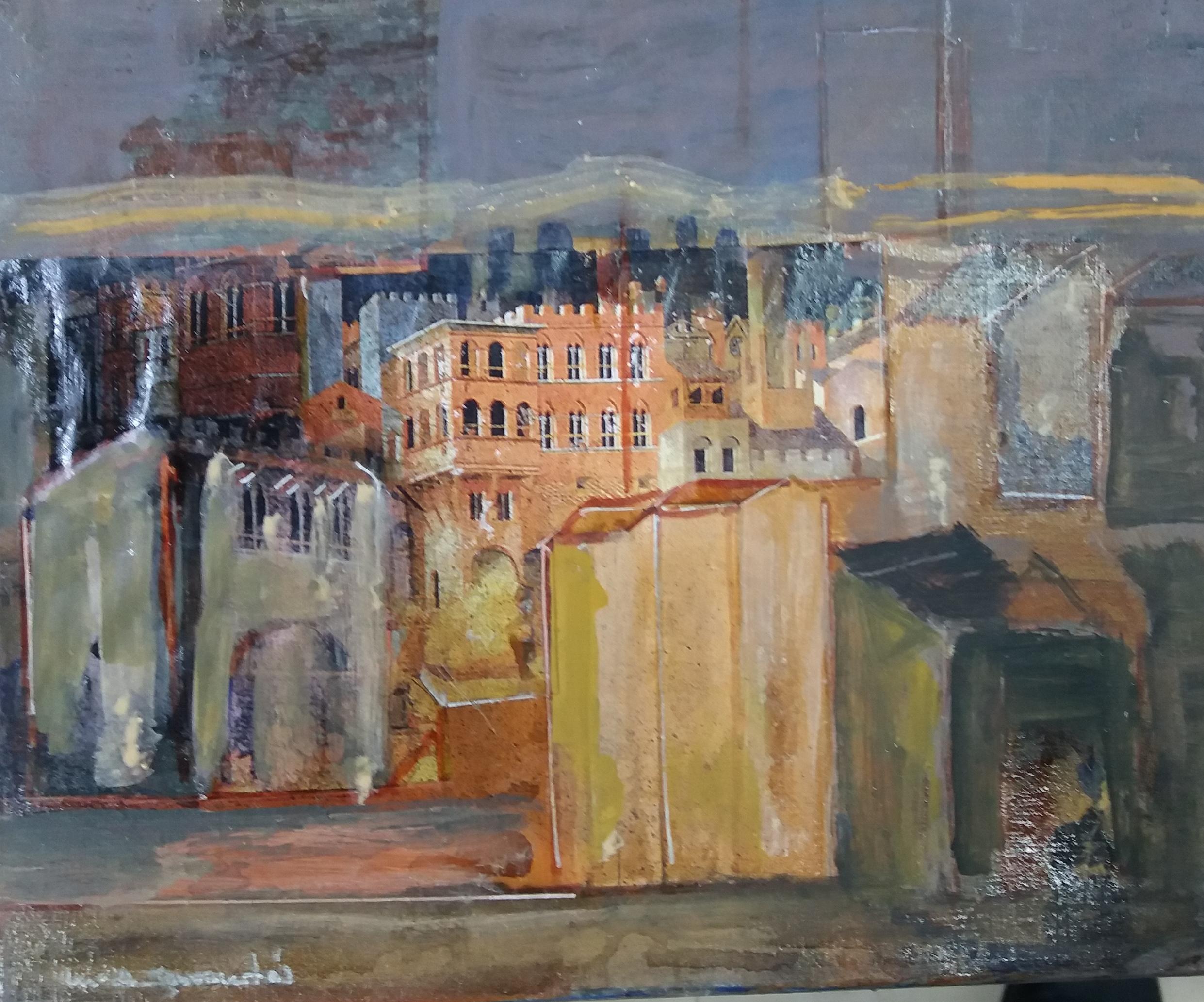 Raventos 10 Collage Little City original expressionistische Mischtechnik – Painting von Maria Asuncion Raventos