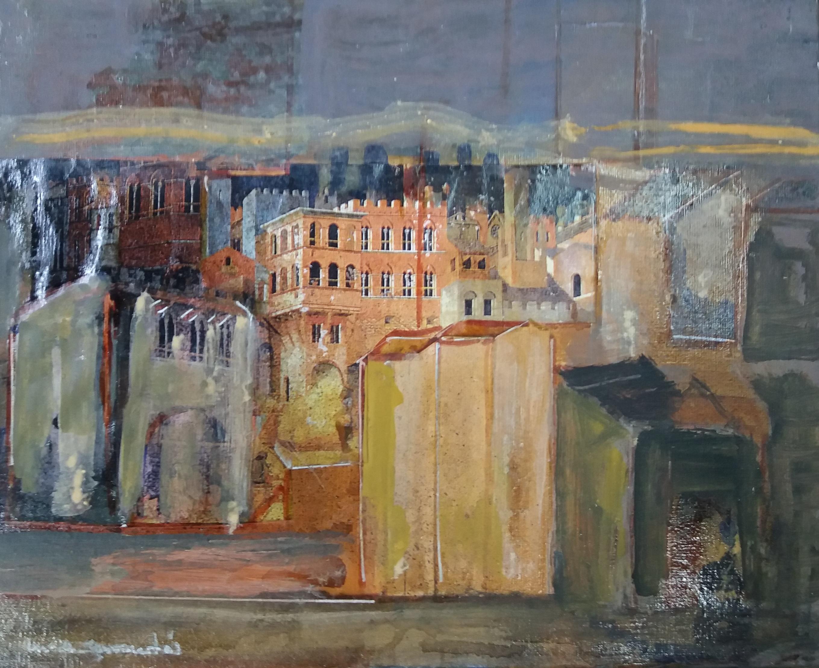 Raventos 10 Collage Little City original expressionistische Mischtechnik (Expressionismus), Painting, von Maria Asuncion Raventos