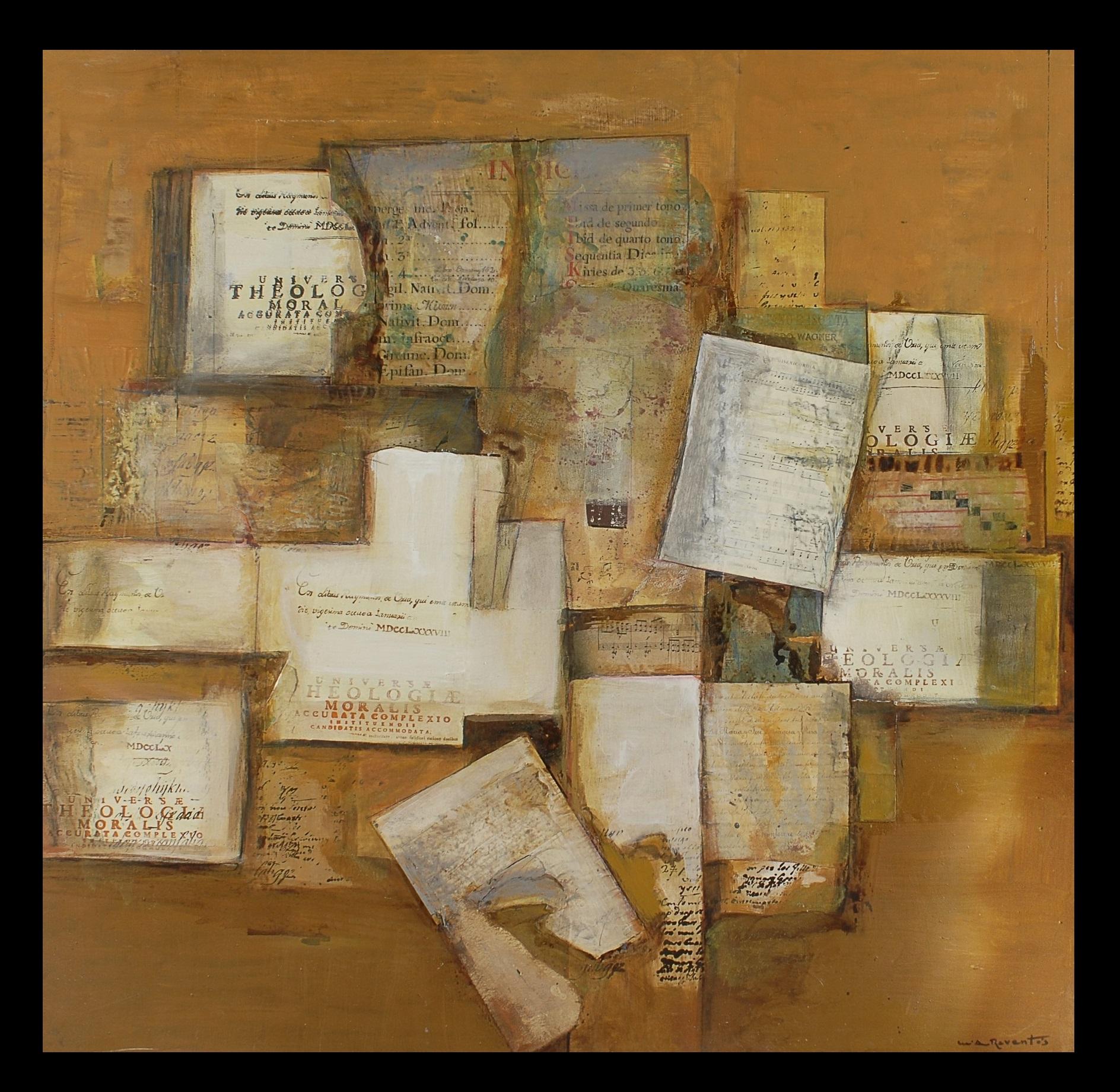 Raventos 10 Golden   Bigli  quadratisch   Original expressionistisches Leinwand-Acryl – Painting von Maria Asuncion Raventos