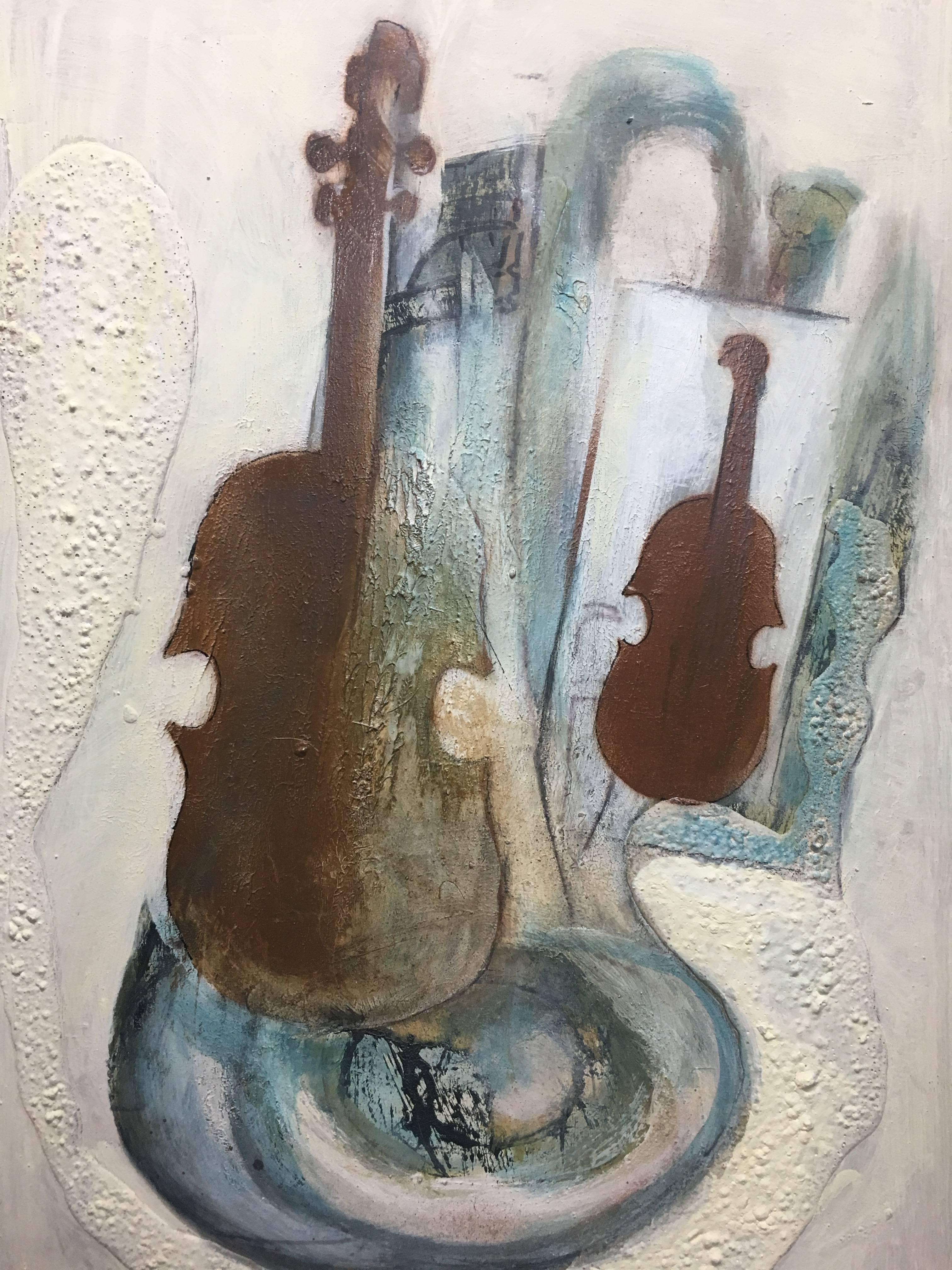 Raventos  Vertical  Fiddle   Music original expressionist mixed media - Expressionist Painting by Maria Asuncion Raventos