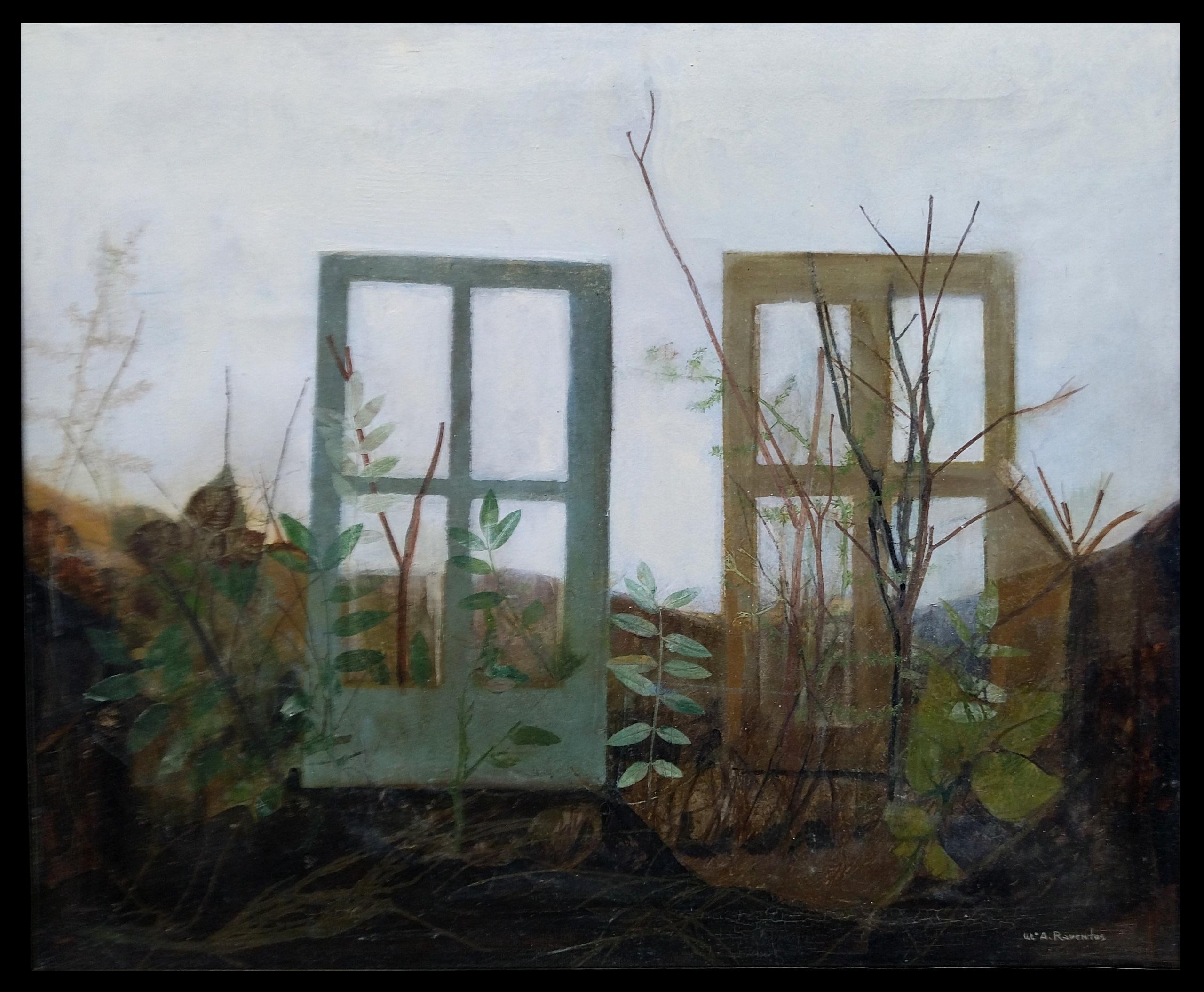 RAVENTOS  The Window   Jardin  techniques mixtes abstraites originales vertes - Painting de Maria Asuncion Raventos