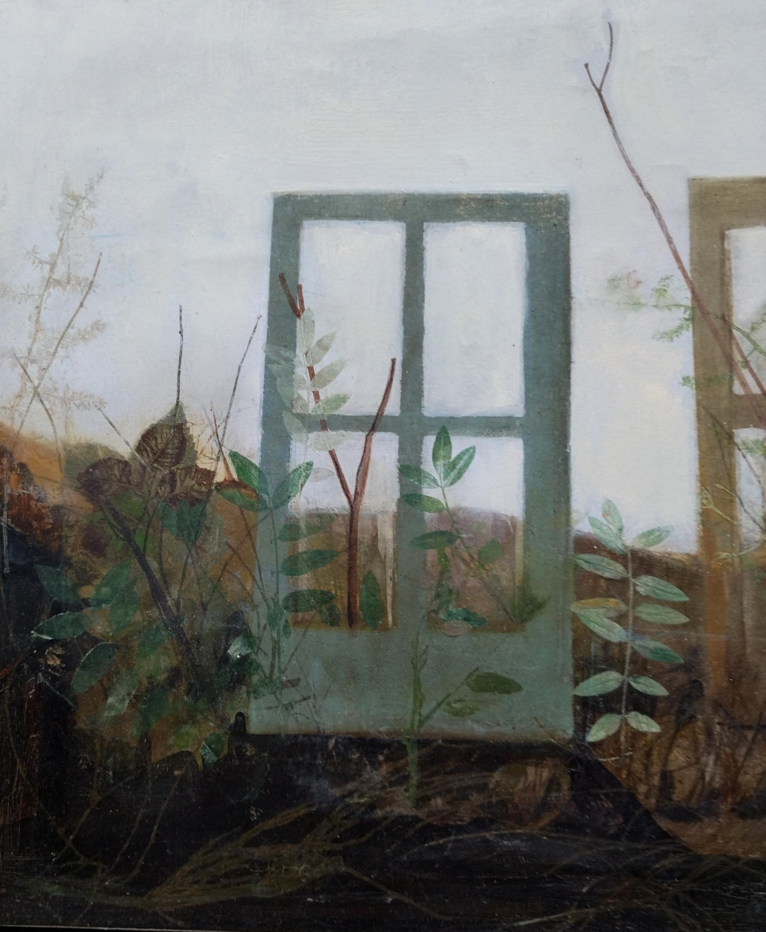 RAVENTOS  The Window   Jardin  techniques mixtes abstraites originales vertes - Noir Landscape Painting par Maria Asuncion Raventos