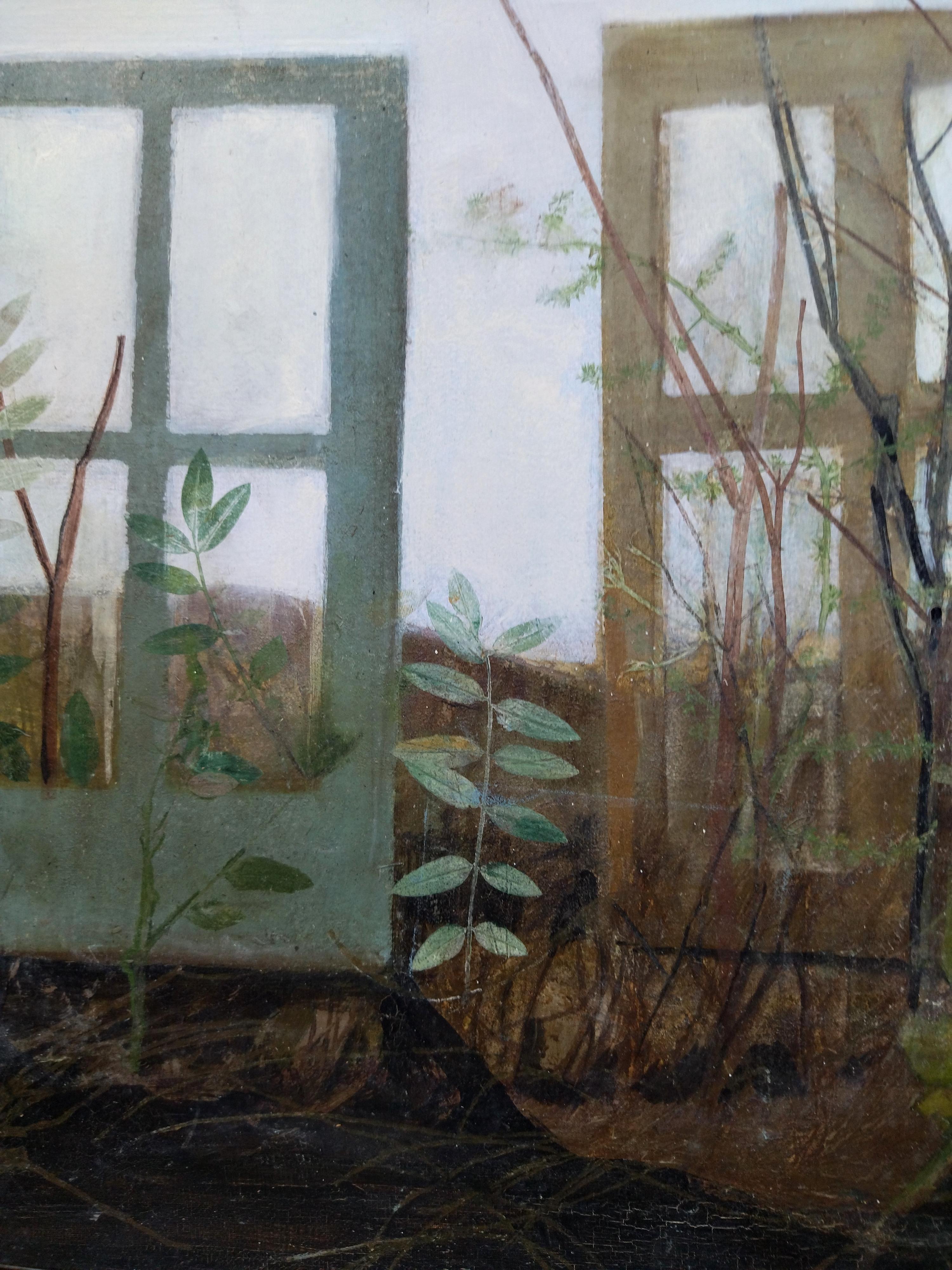 RAVENTOS  The Window   Jardin  techniques mixtes abstraites originales vertes en vente 2