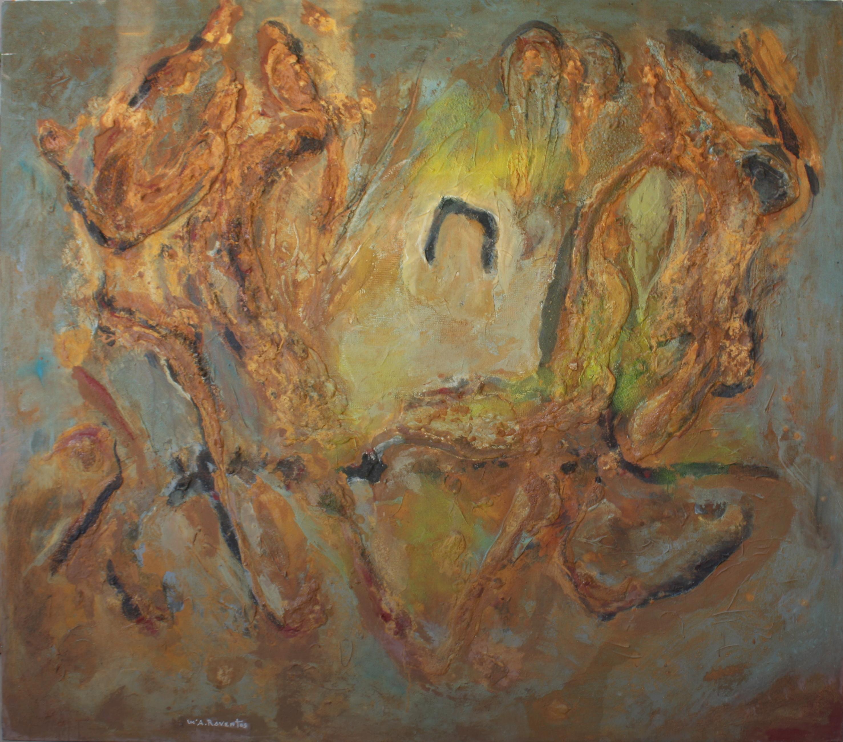 Maria Asuncion Raventos Abstract Painting – Raventos   Goldene  Gelb  Grün  „Psico-Freud“ Original abstrakte Mischtechniken 