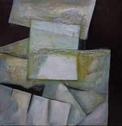 Raventos Square Ocher Cubist composition" original abstract acrylic