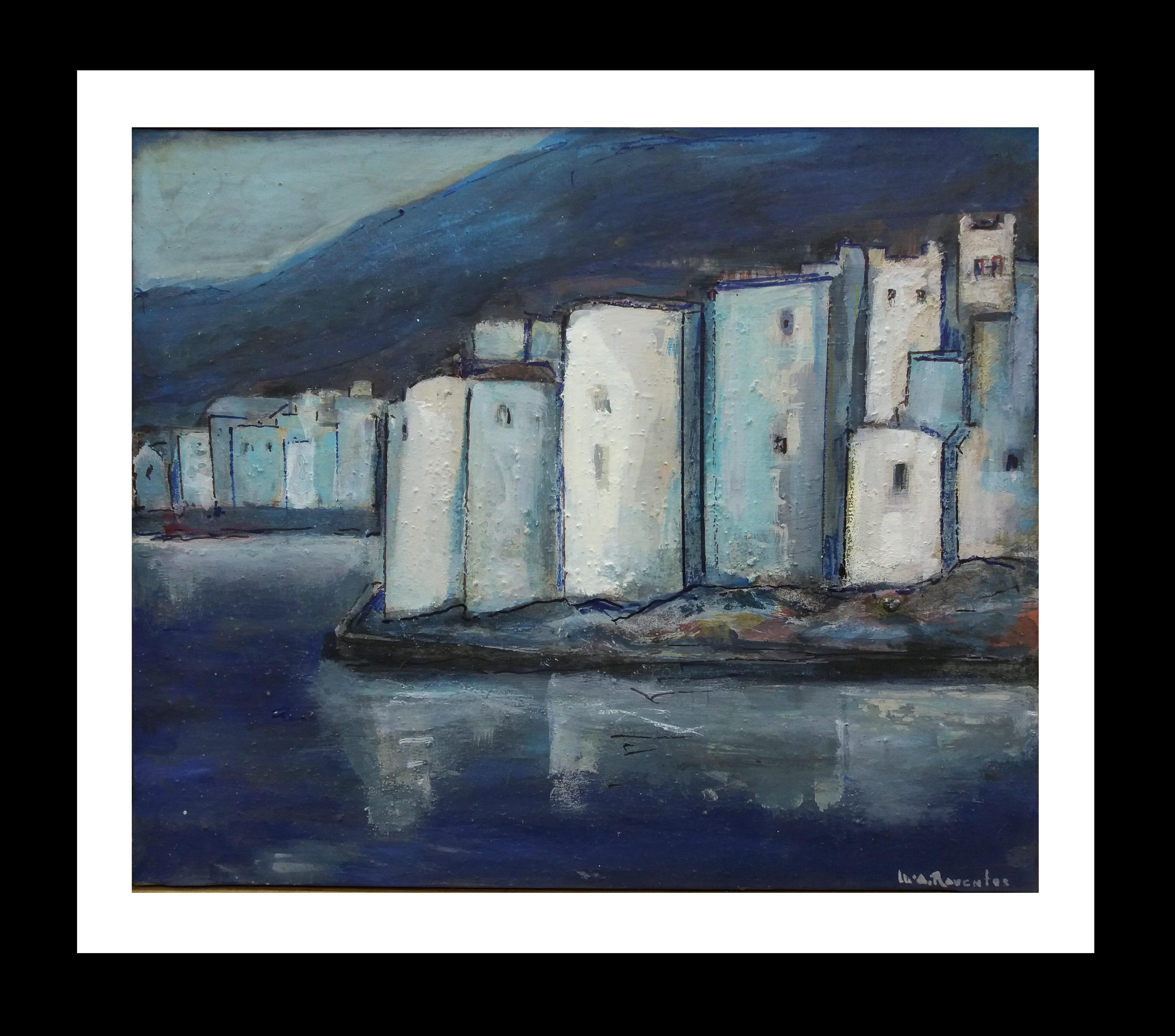 Maria Asuncion Raventos Landscape Painting – Raventos  Cadaques Blaues Original expressionistisches Acrylgemälde