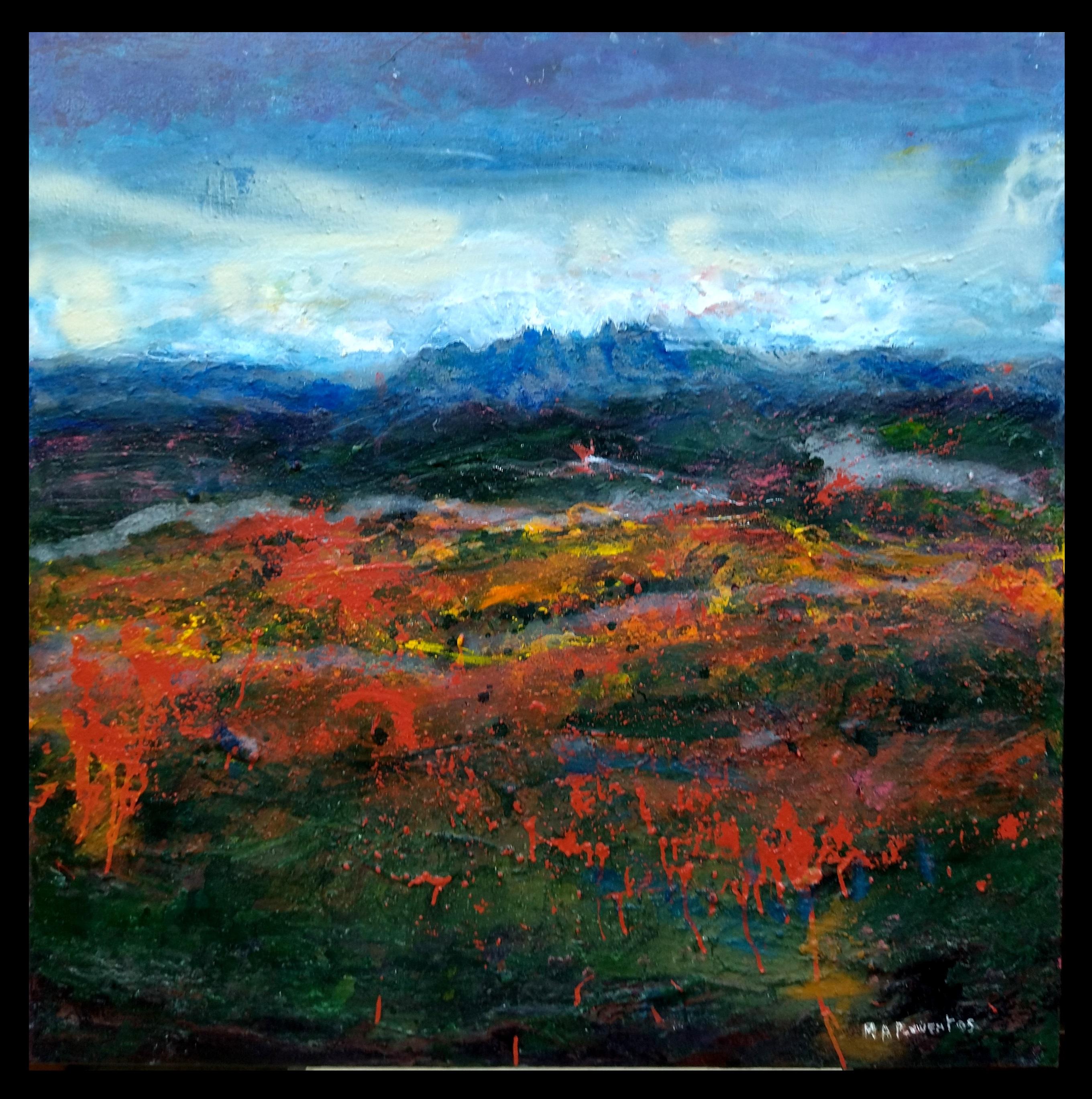 Maria Asuncion Raventos Landscape Painting – Raventos   quadratisch  Poppies Original abstraktes Mixed-Media-Gemälde