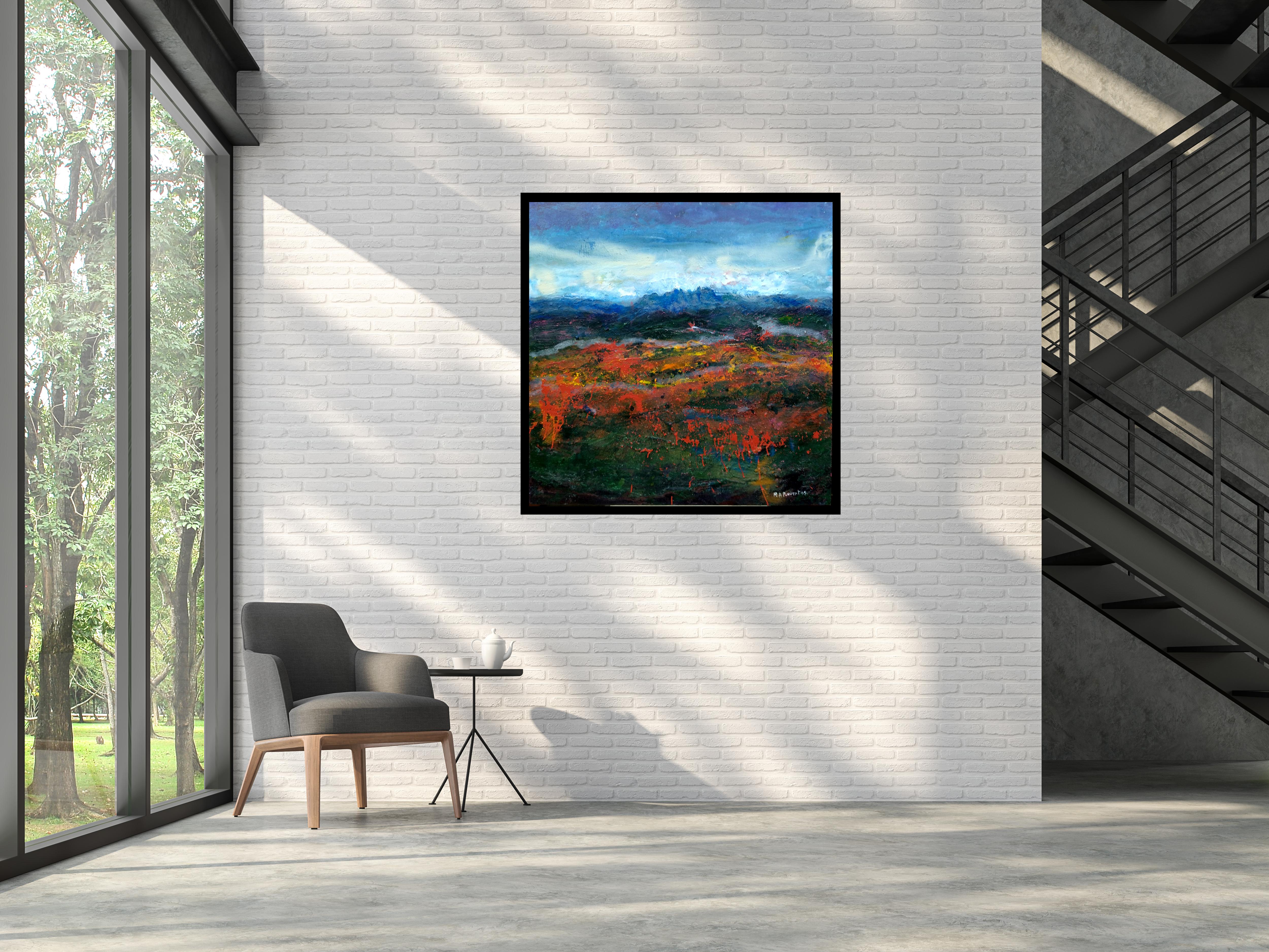 Raventos  Cuadrado  Amapolas pintura abstracta original en técnica mixta - Landscape Painting Negro de Maria Asuncion Raventos