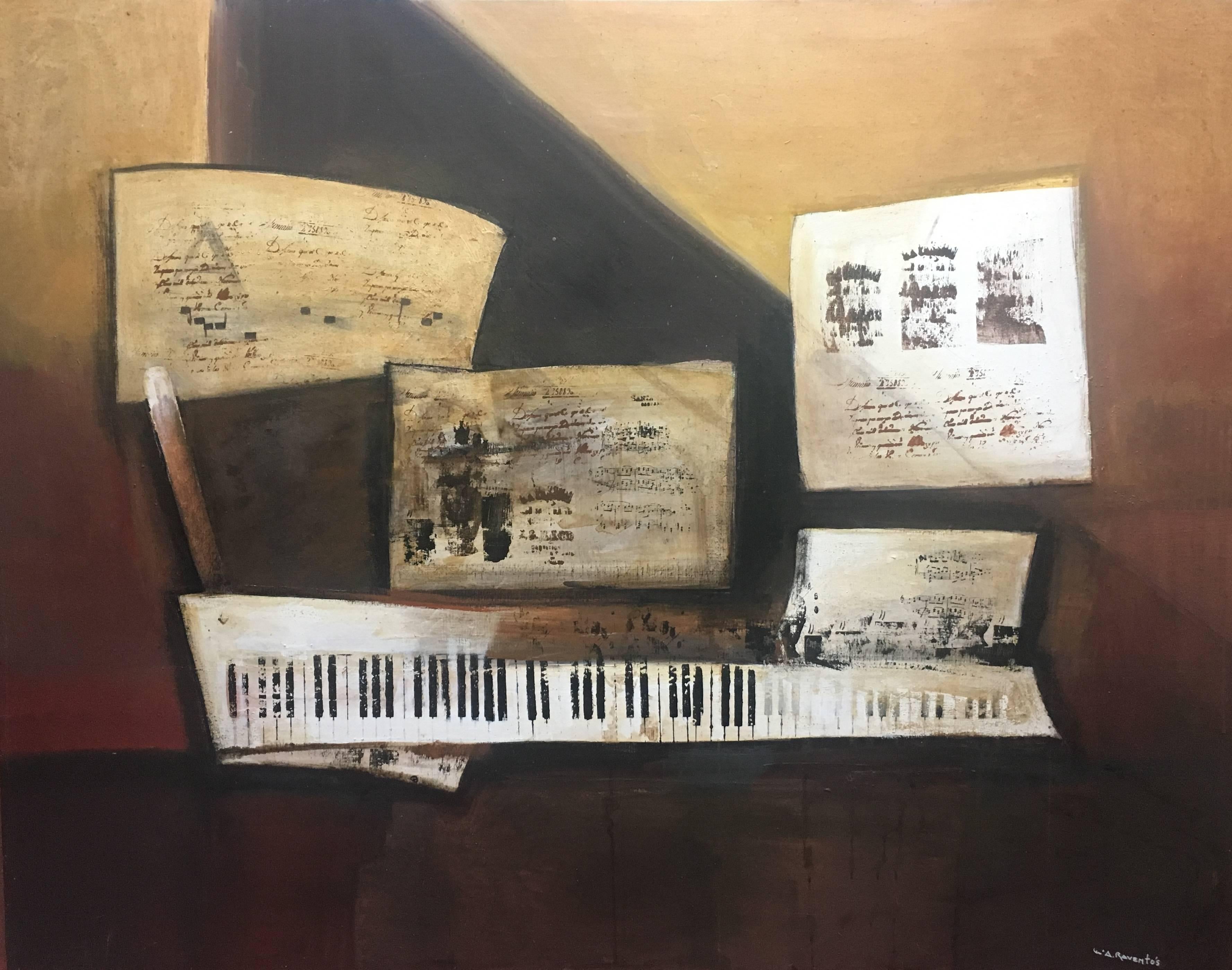 Raventos   Pianoforte e Spartiti dipinto su tela acrilica originale espressionista - Painting di Maria Asuncion Raventos