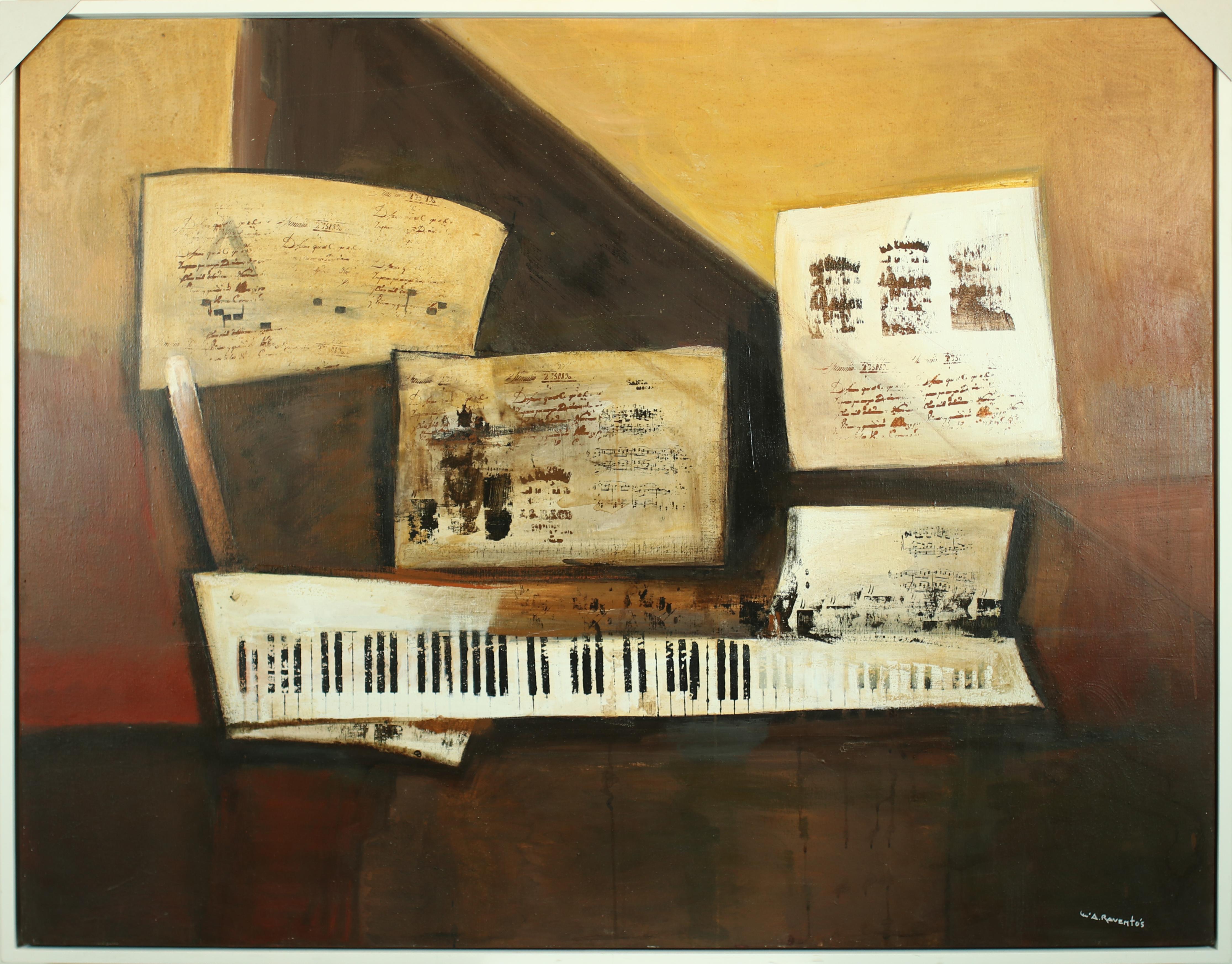 Raventos   Pianoforte e Spartiti dipinto su tela acrilica originale espressionista - Painting Espressionista di Maria Asuncion Raventos