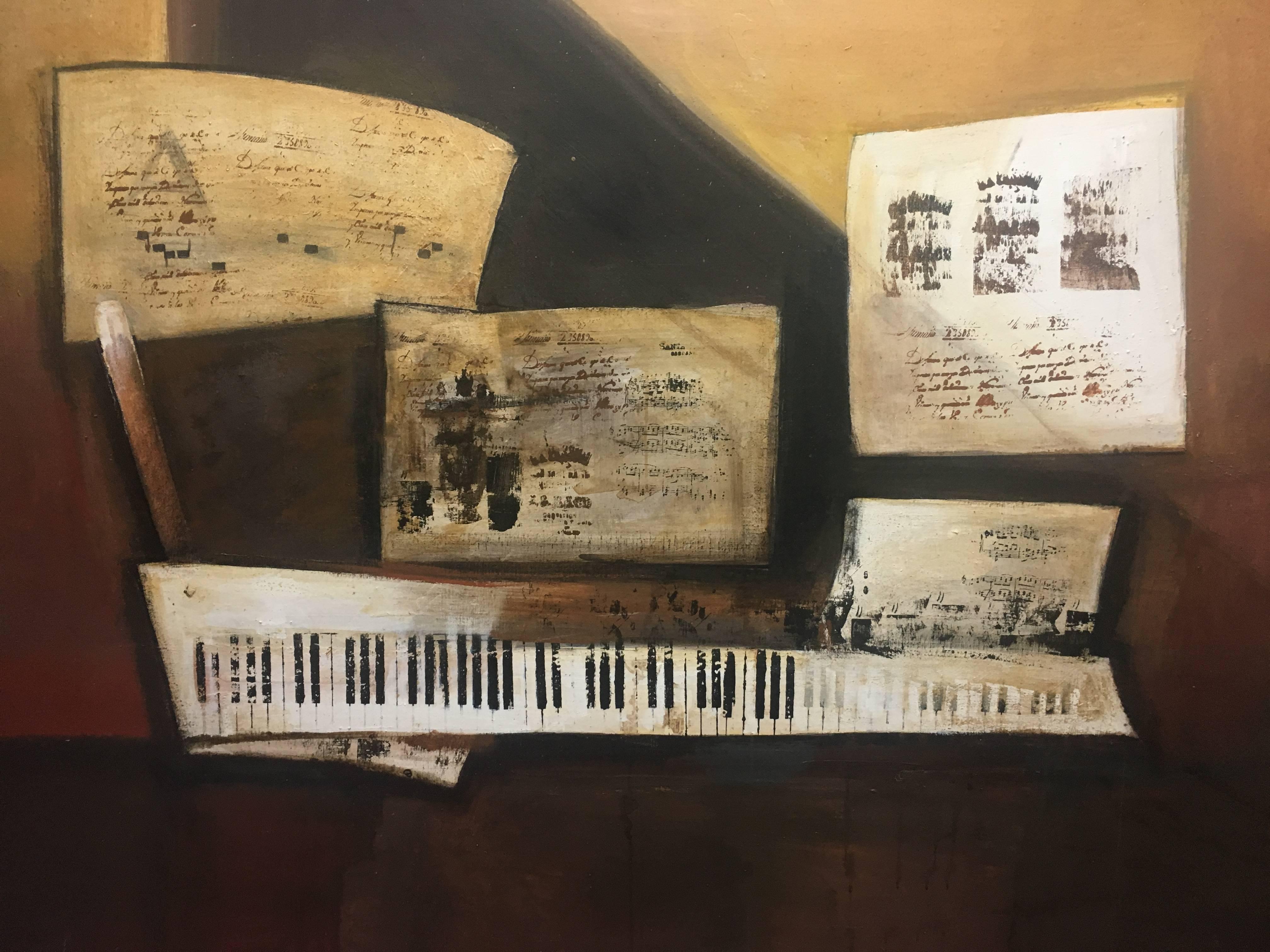 Piano and scores original expressionist acrylic canvas painting
RAVENTÓS Mª Assumpció – (San Sadurní d’Anoia, Barcelona 1930).
Raventos trained at the elite Sant Jordi School of Fine Arts in Barcelona.
Raventós expanded her studies in etching and