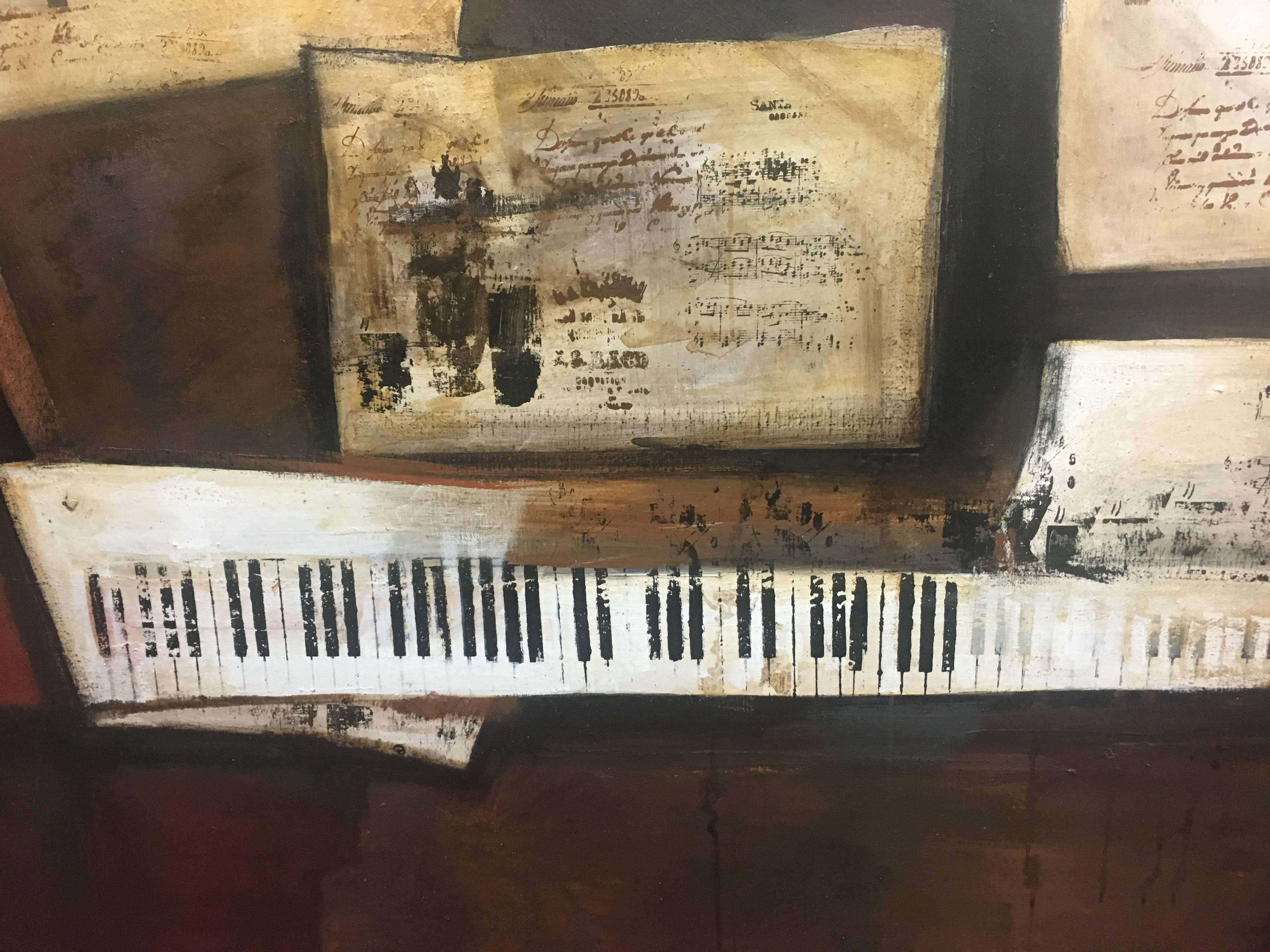 Raventos  Piano and Scores original expressionist acrylic canvas painting For Sale 4