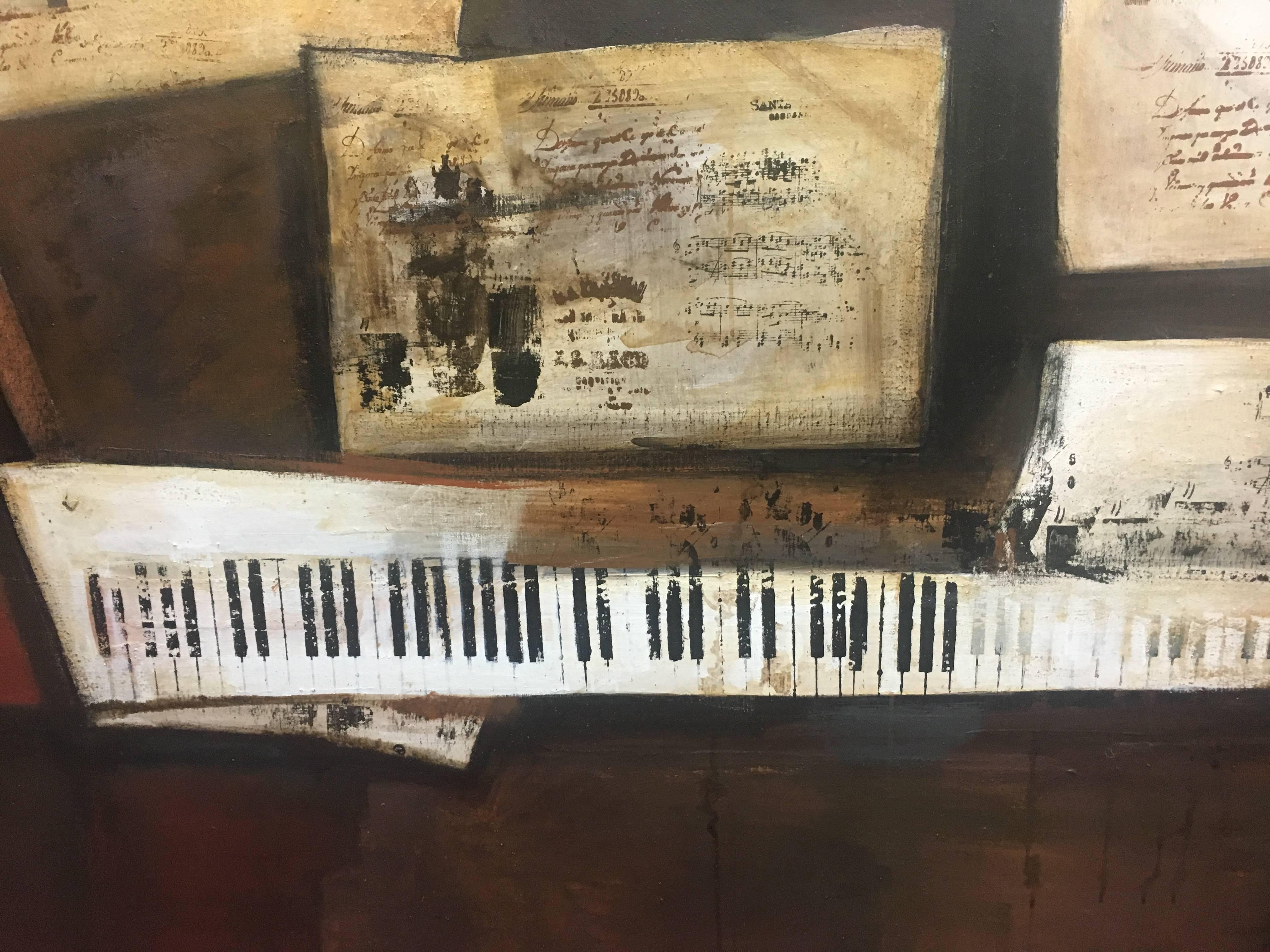 Raventos   Pianoforte e Spartiti dipinto su tela acrilica originale espressionista in vendita 3