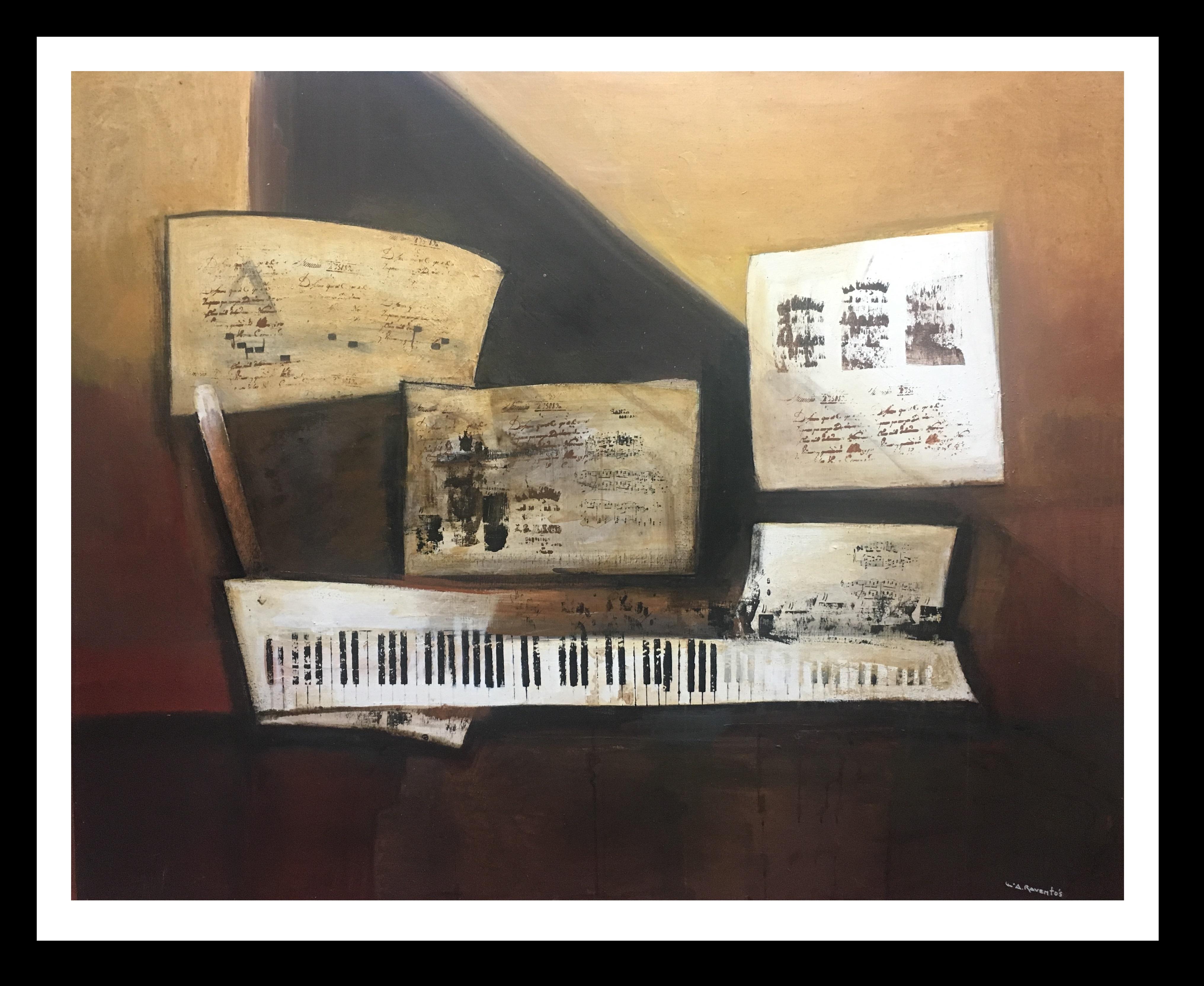 Figurative Painting di Maria Asuncion Raventos - Raventos   Pianoforte e Spartiti dipinto su tela acrilica originale espressionista