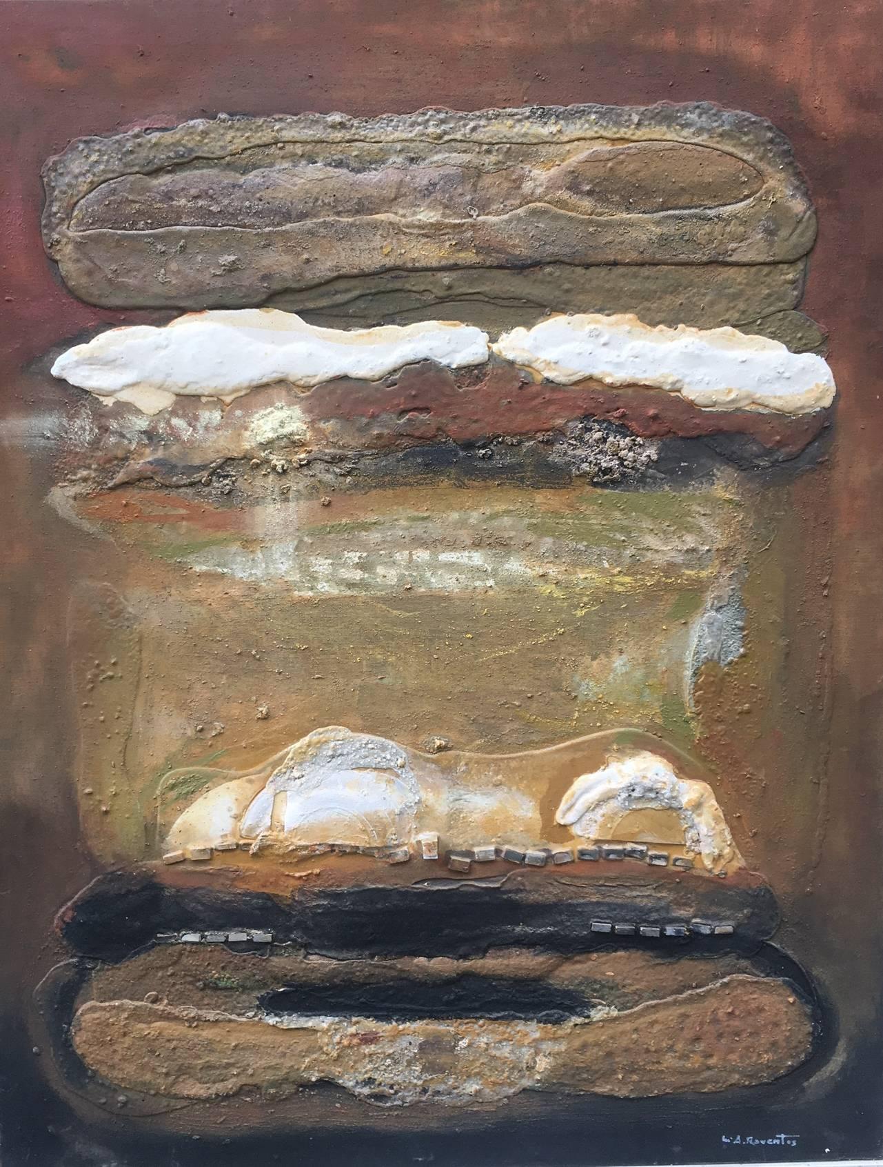 Raventos 18 Vertical  Blanco   Ocre pintura abstracta original en técnica mixta - Painting de Maria Asuncion Raventos