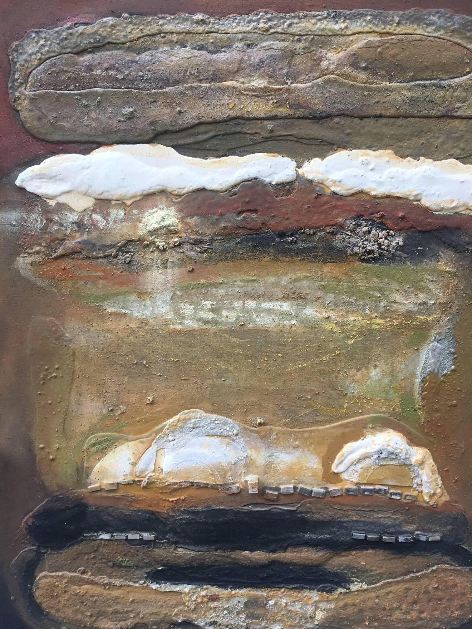 Raventos 18 Vertical  Blanco   Ocre pintura abstracta original en técnica mixta - Painting Abstracto de Maria Asuncion Raventos