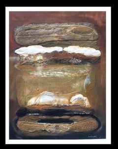 Raventos 18 Vertical  Blanco   Ocre pintura abstracta original en técnica mixta