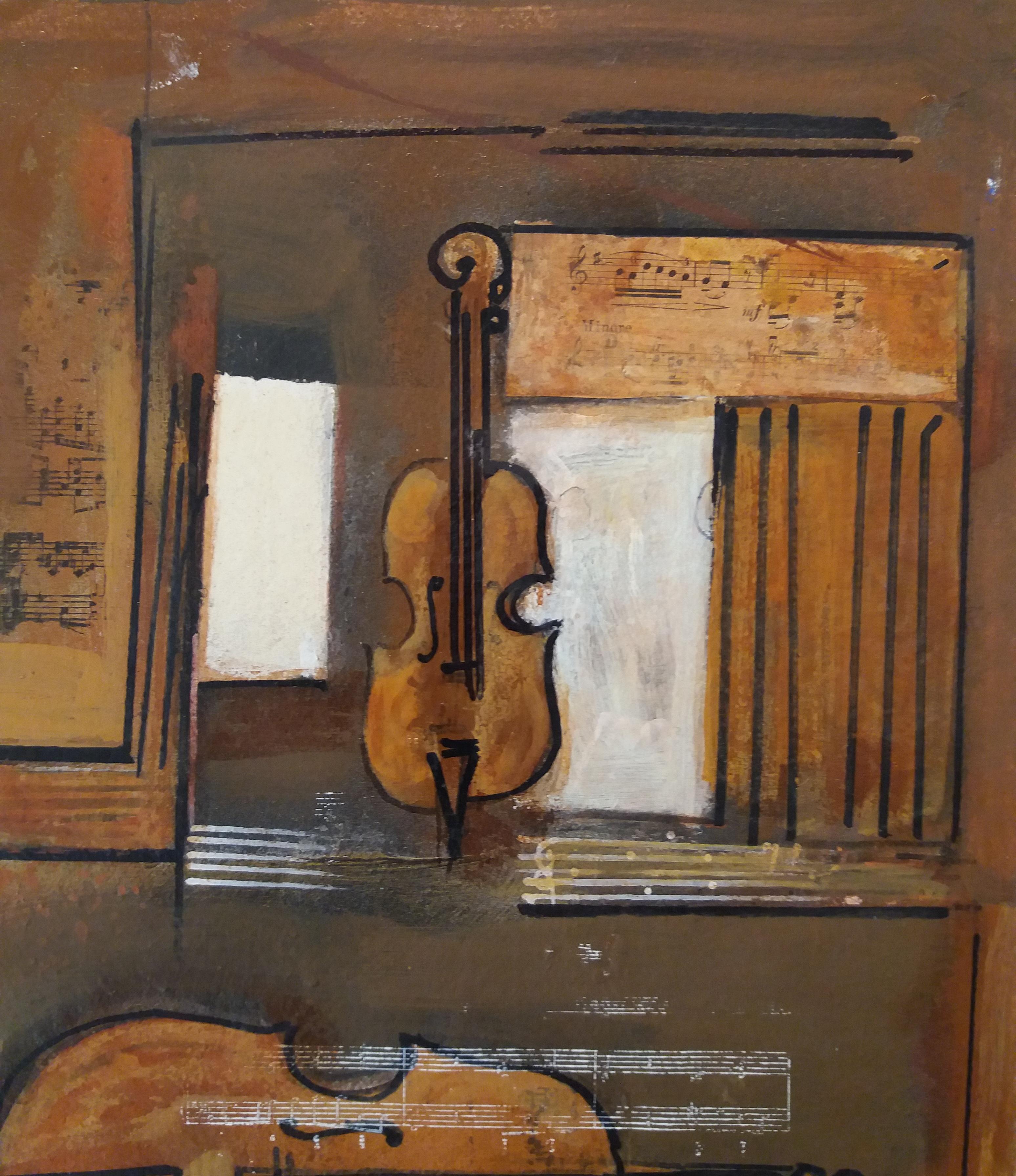 Raventos  Violin Vertical Litle original expressionist acrylic  painting - Painting by Maria Asuncion Raventos