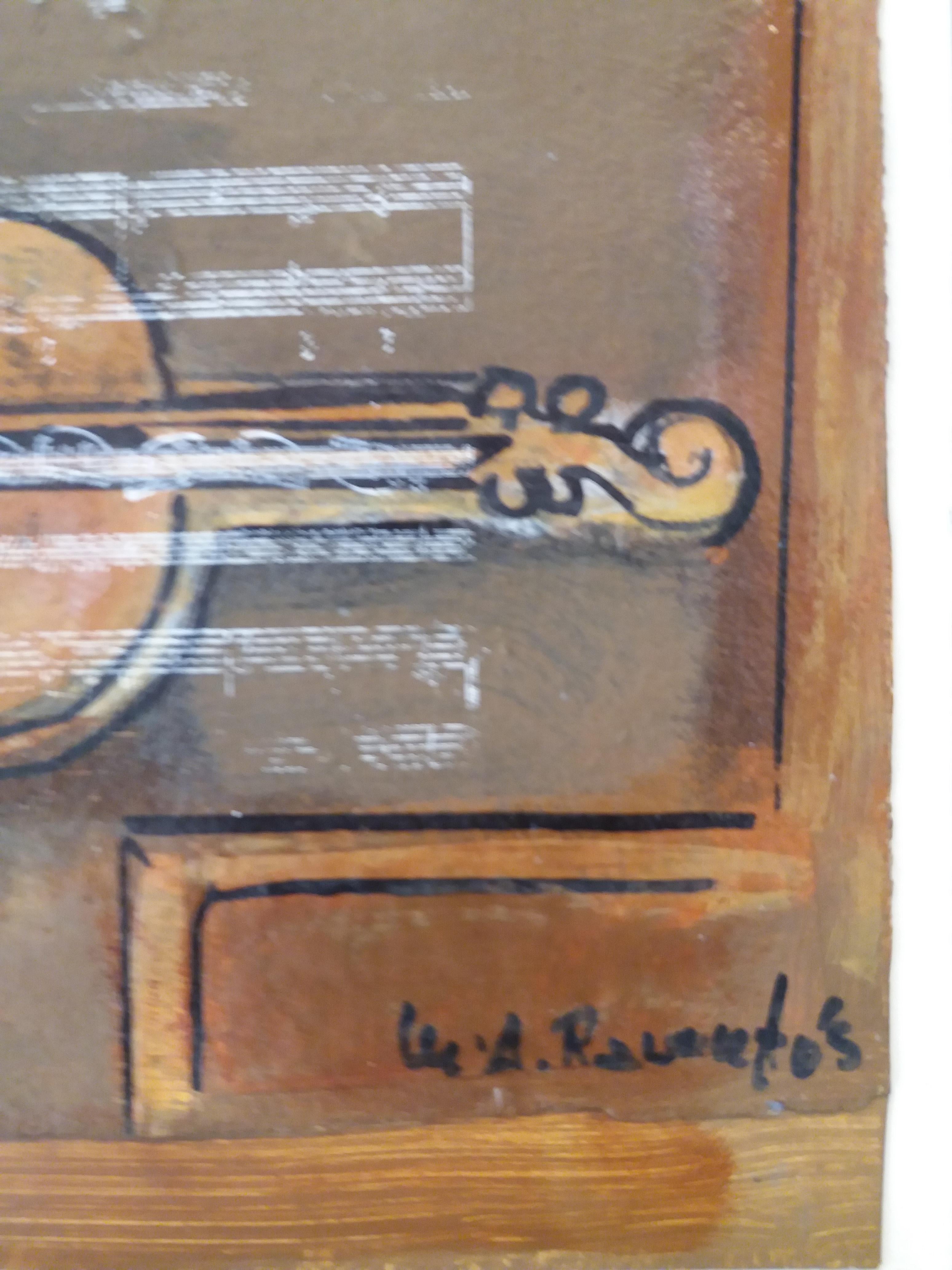 Raventos  Violin Vertical Litle d'origine expressionniste acrylique  peinture - Expressionniste Painting par Maria Asuncion Raventos