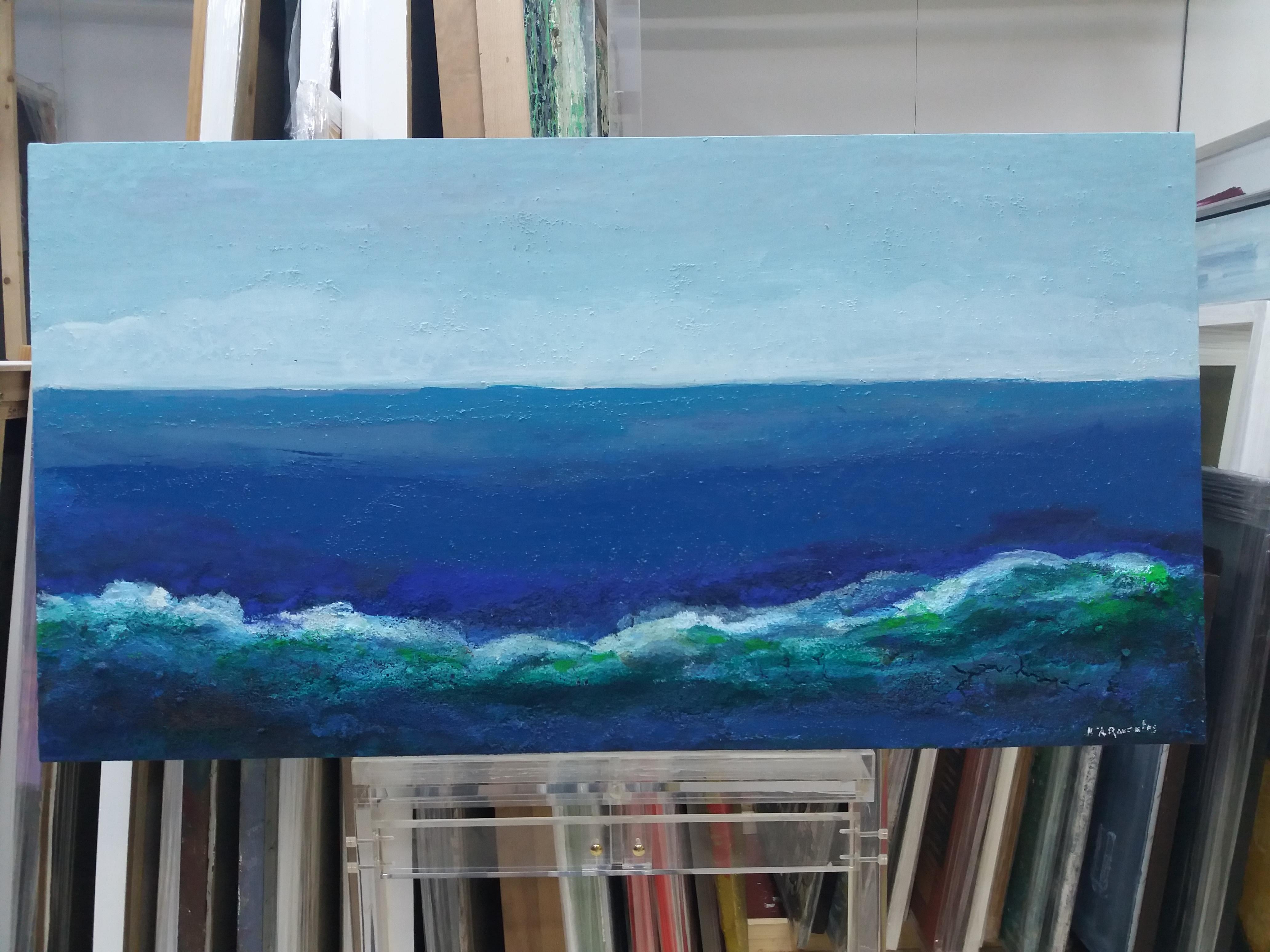 Raventos   Sea blue  original expressionist mixed media painting - Painting by Maria Asuncion Raventos