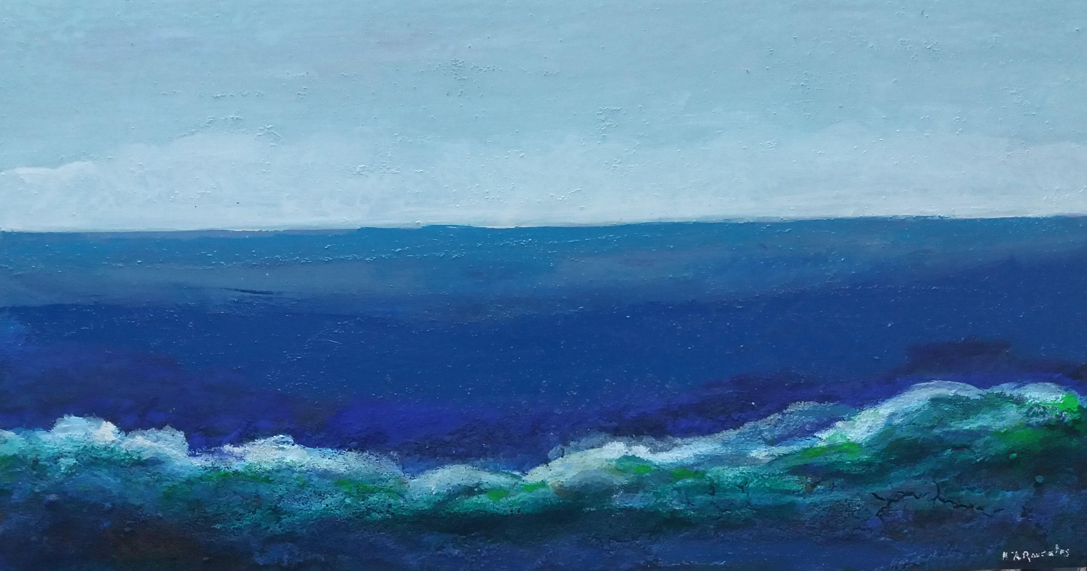 Landscape Painting Maria Asuncion Raventos - Raventos   Bleu marine  peinture expressionniste originale en techniques mixtes