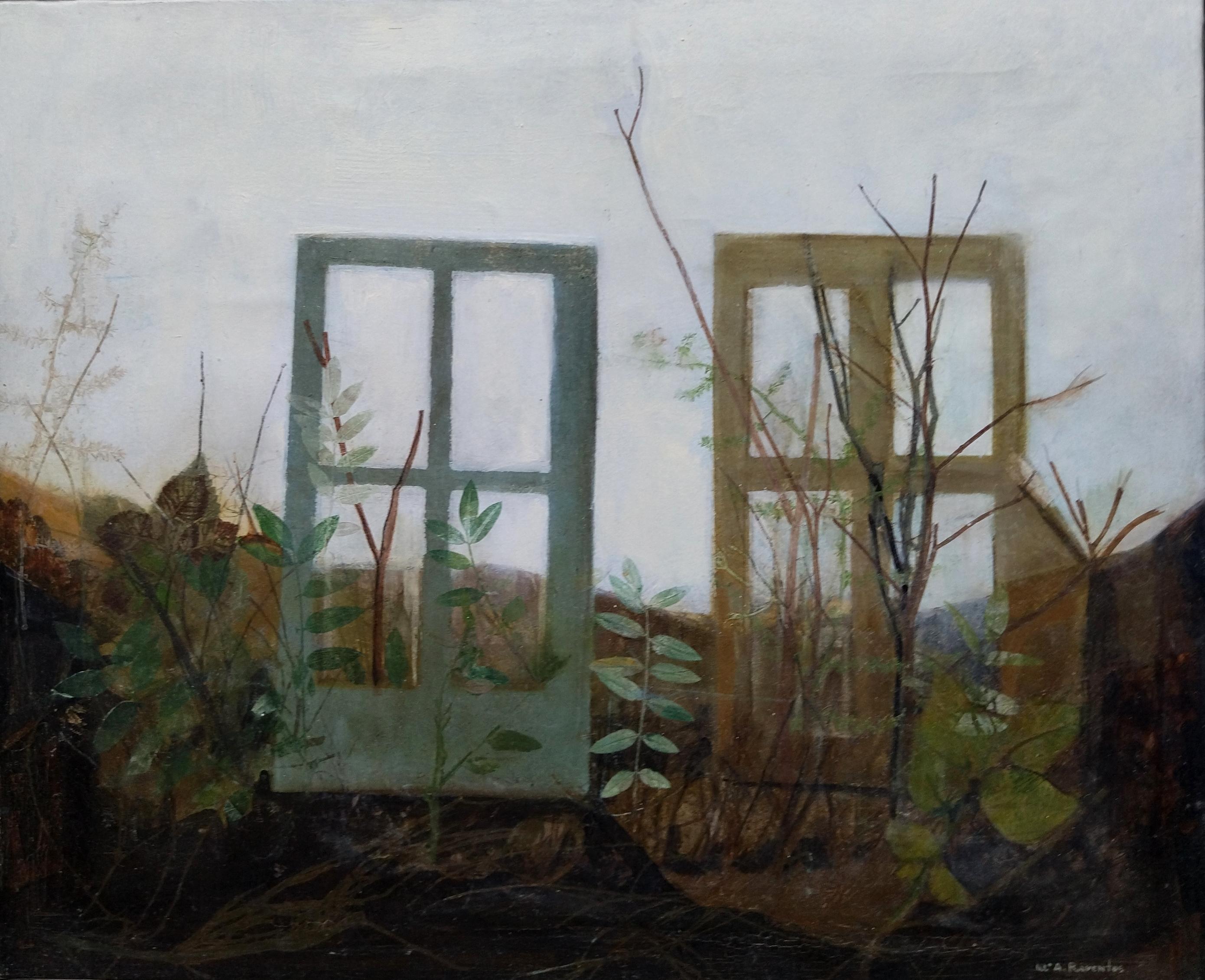RAVENTOS  Winds Windows   Garden  Green original abstract mixed media - Expressionist Painting by Maria Asuncion Raventos