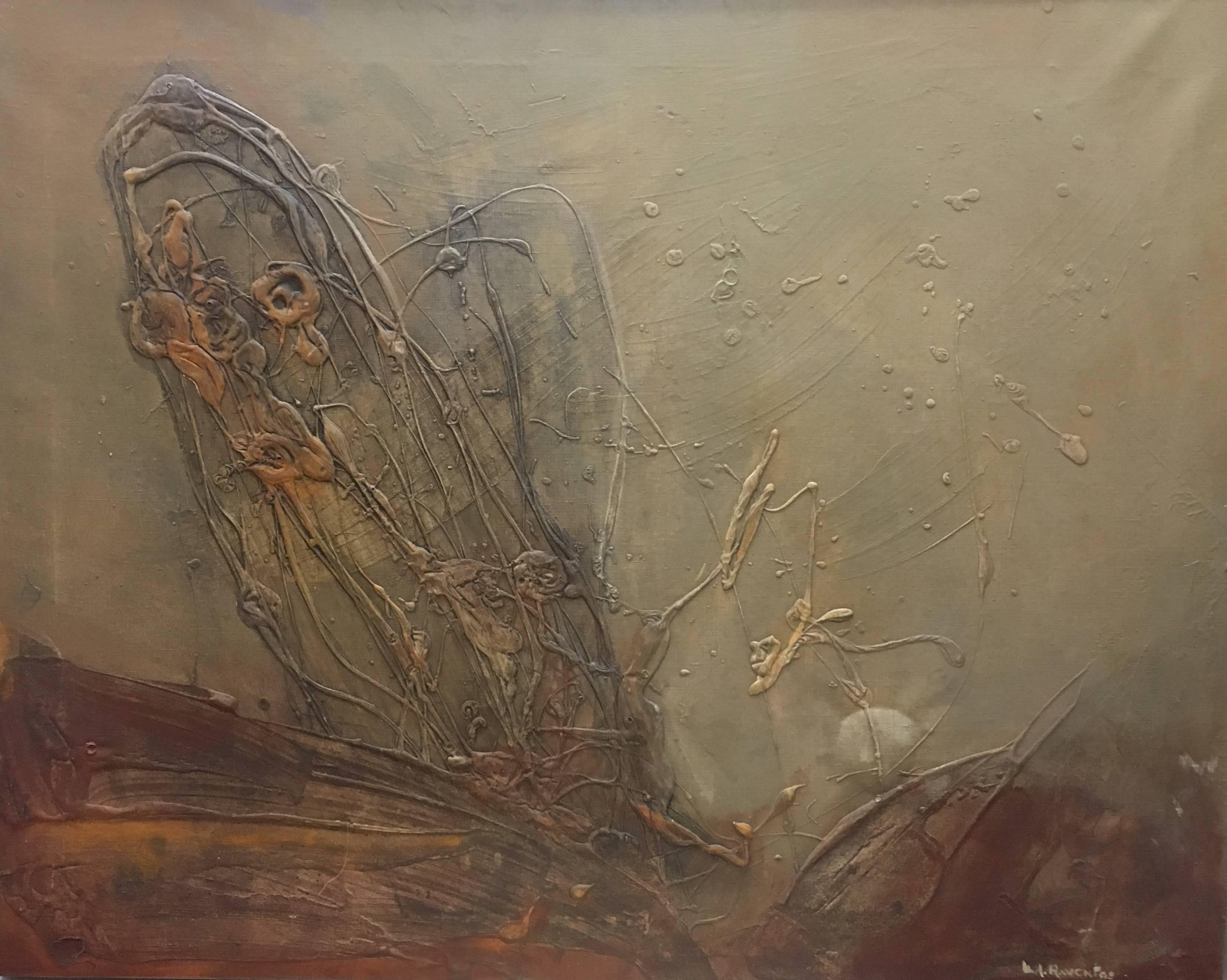 Raventos 6 Ocher Informalisme original abstract mixed media painting - Painting by Maria Asuncion Raventos