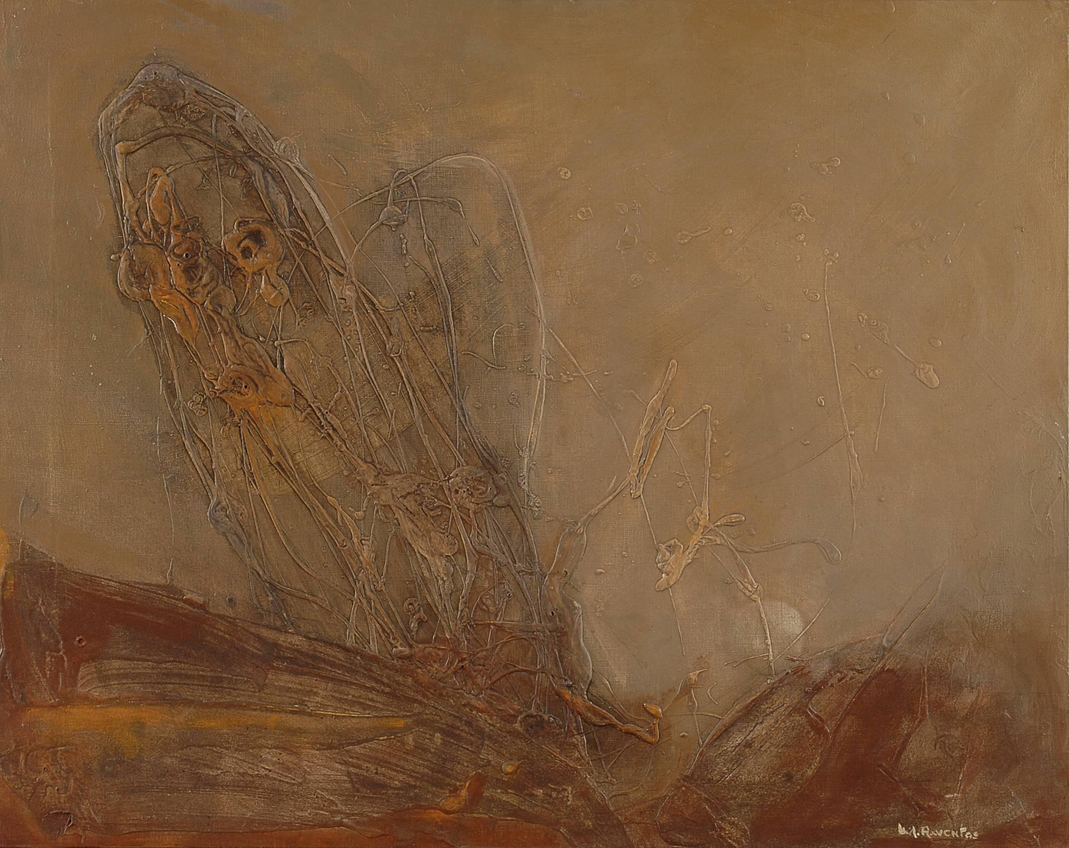 Raventos 6 Ocher Informalisme original abstract mixed media painting - Abstract Painting by Maria Asuncion Raventos