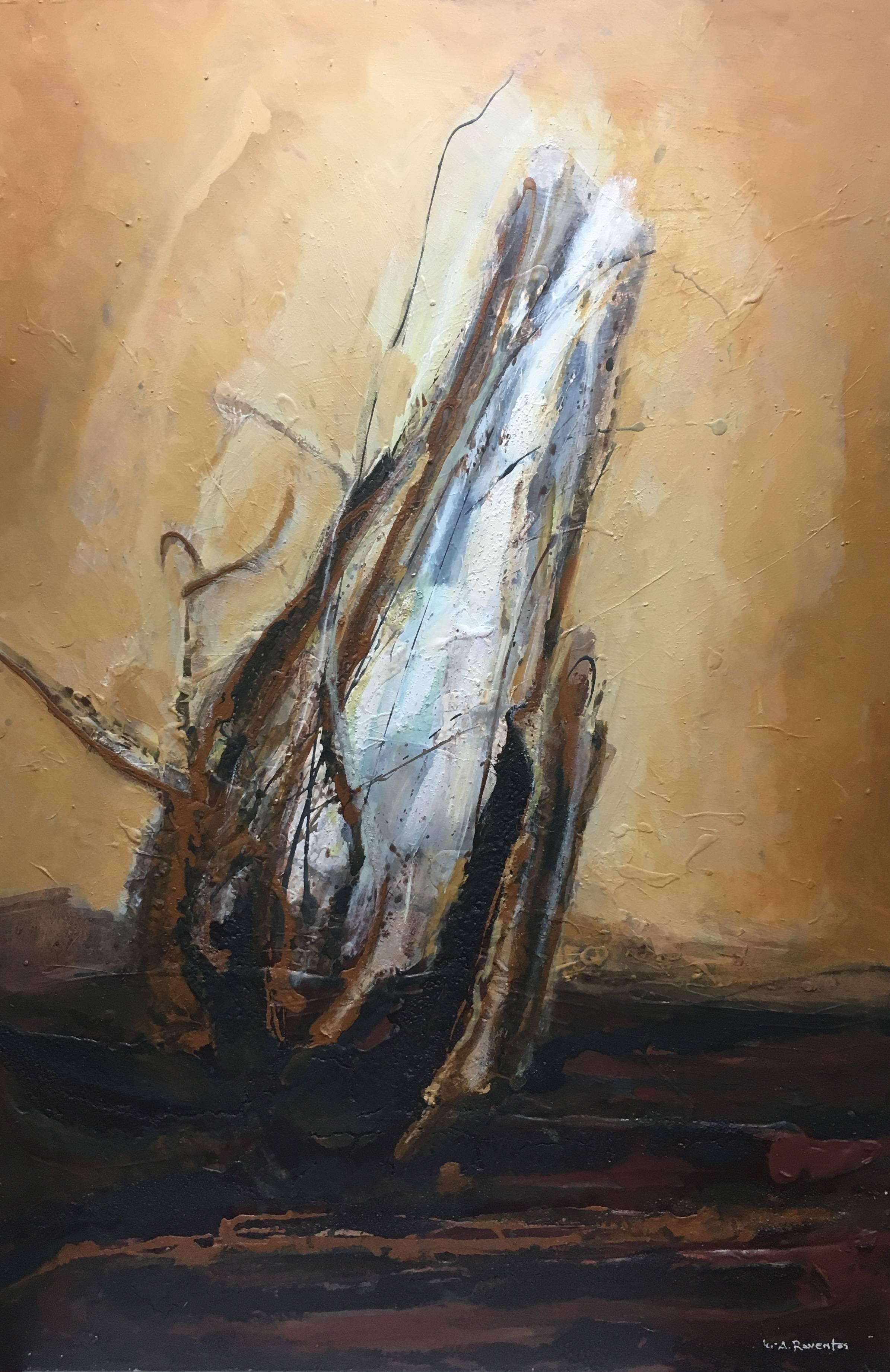 Raventos 6 Ocker Vertikal Big original abstrakte gemischte Medien Gemälde – Painting von Maria Asuncion Raventos