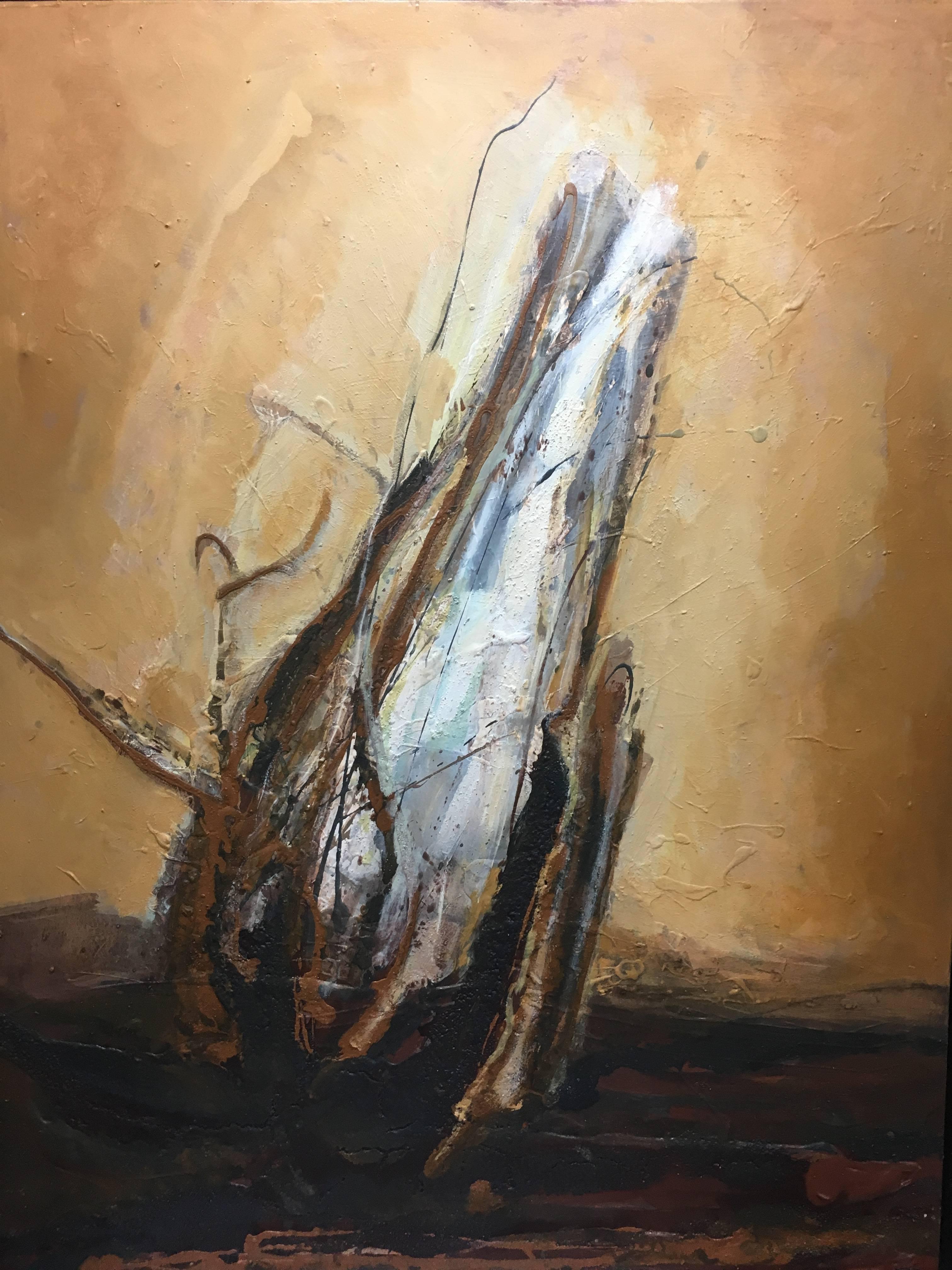 Raventos 6 Ocker Vertikal Big original abstrakte gemischte Medien Gemälde (Abstrakt), Painting, von Maria Asuncion Raventos