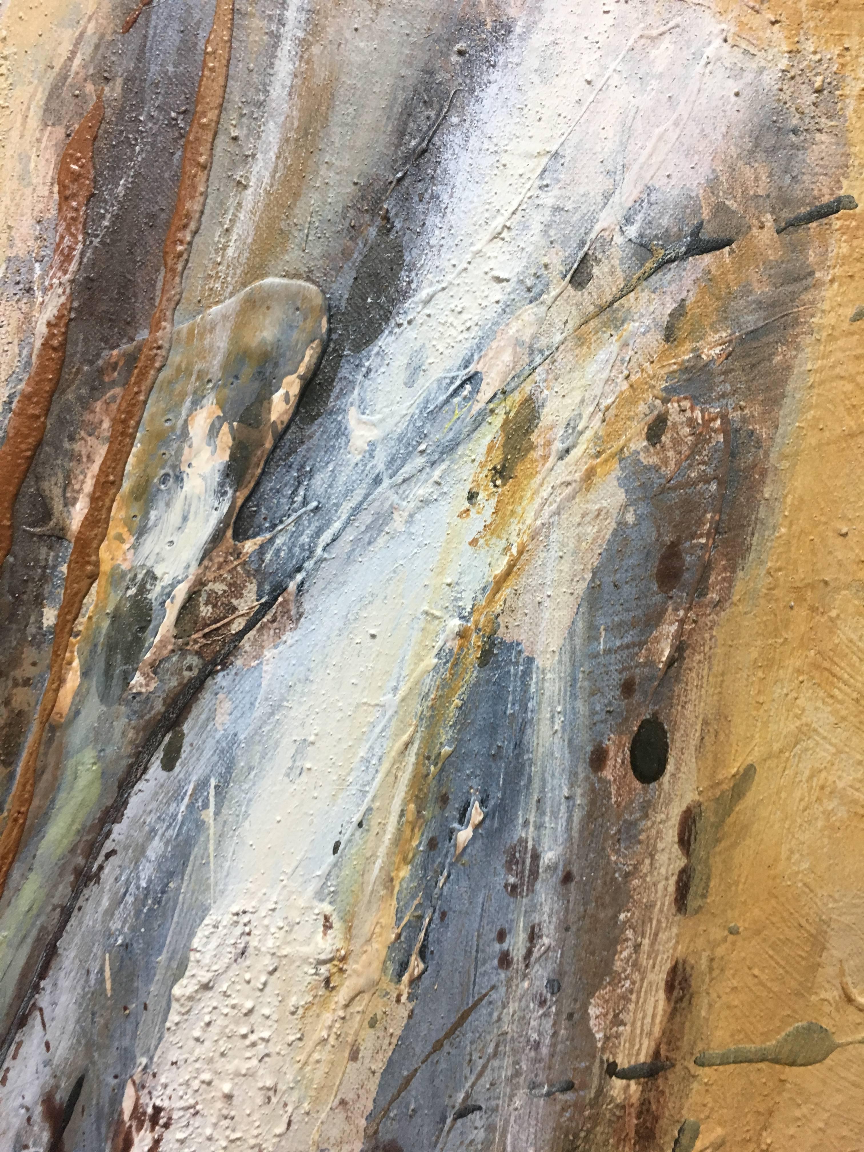 Raventos 6 Ocker Vertikal Big original abstrakte gemischte Medien Gemälde (Braun), Abstract Painting, von Maria Asuncion Raventos