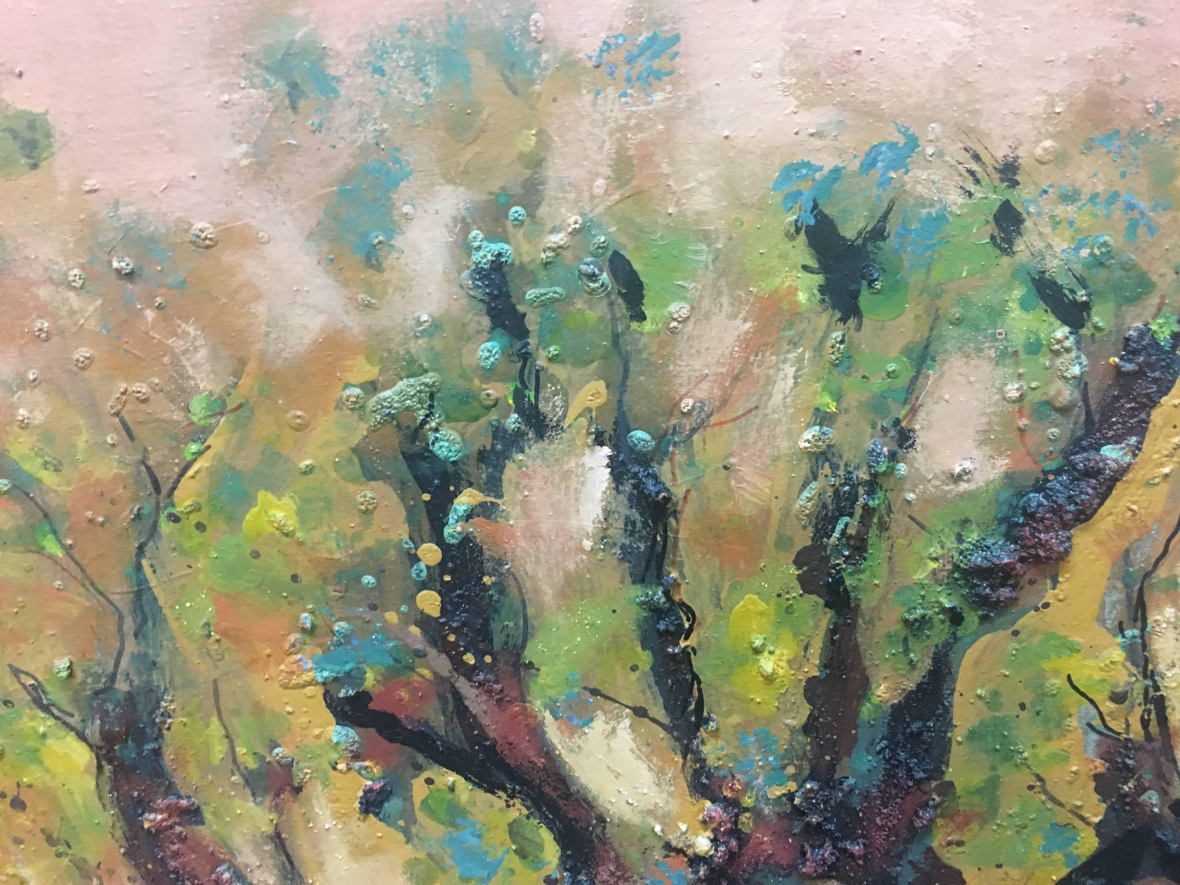 Raventos  61  Landschaft von Vineyar  Großes expressionistisches Mixed-Media-Gemälde (Schwarz), Landscape Painting, von Maria Asuncion Raventos