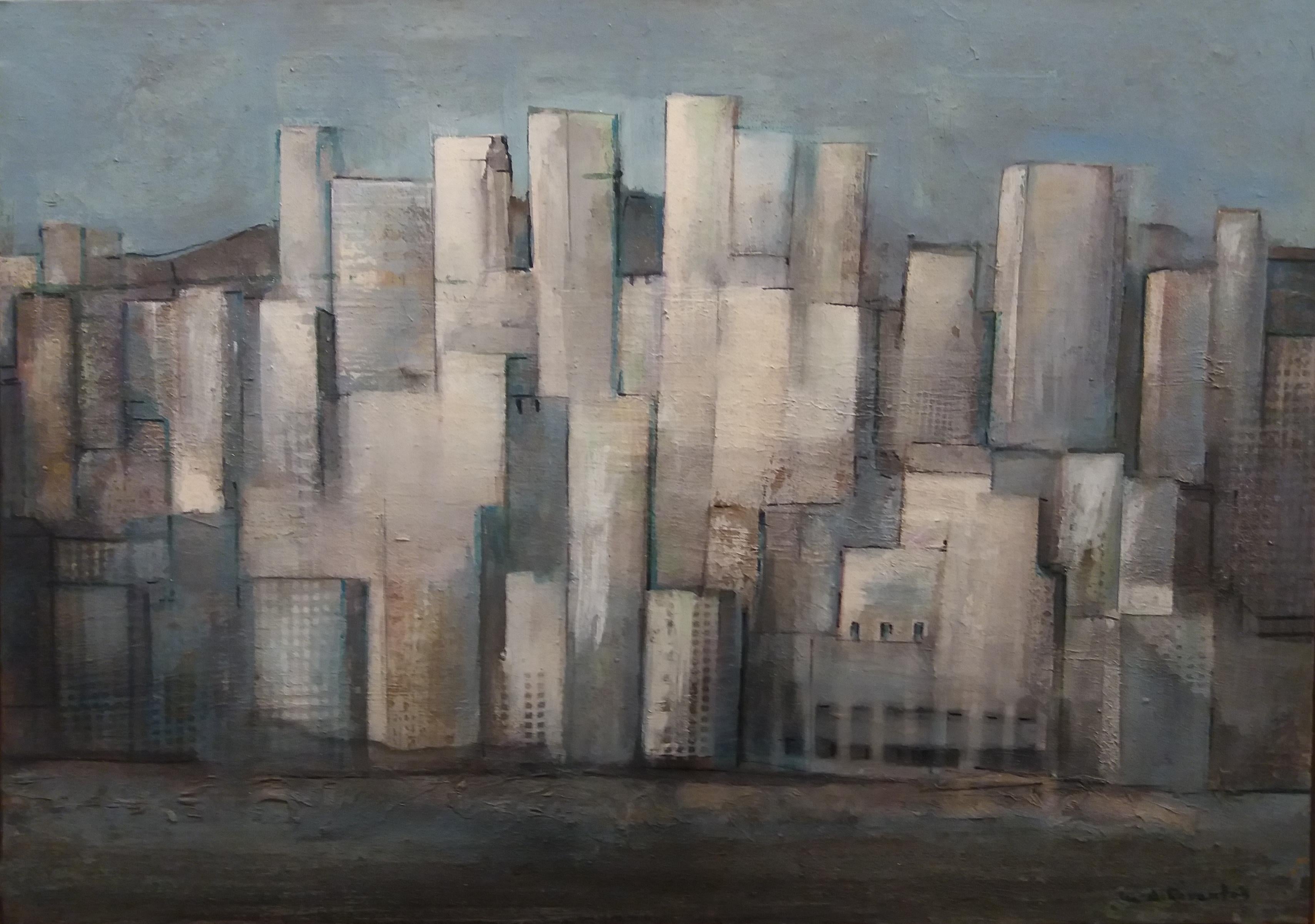 Raventos 7 Gebäude, Raventos  Stadt  Blau  Originalgemälde – Painting von Maria Asuncion Raventos