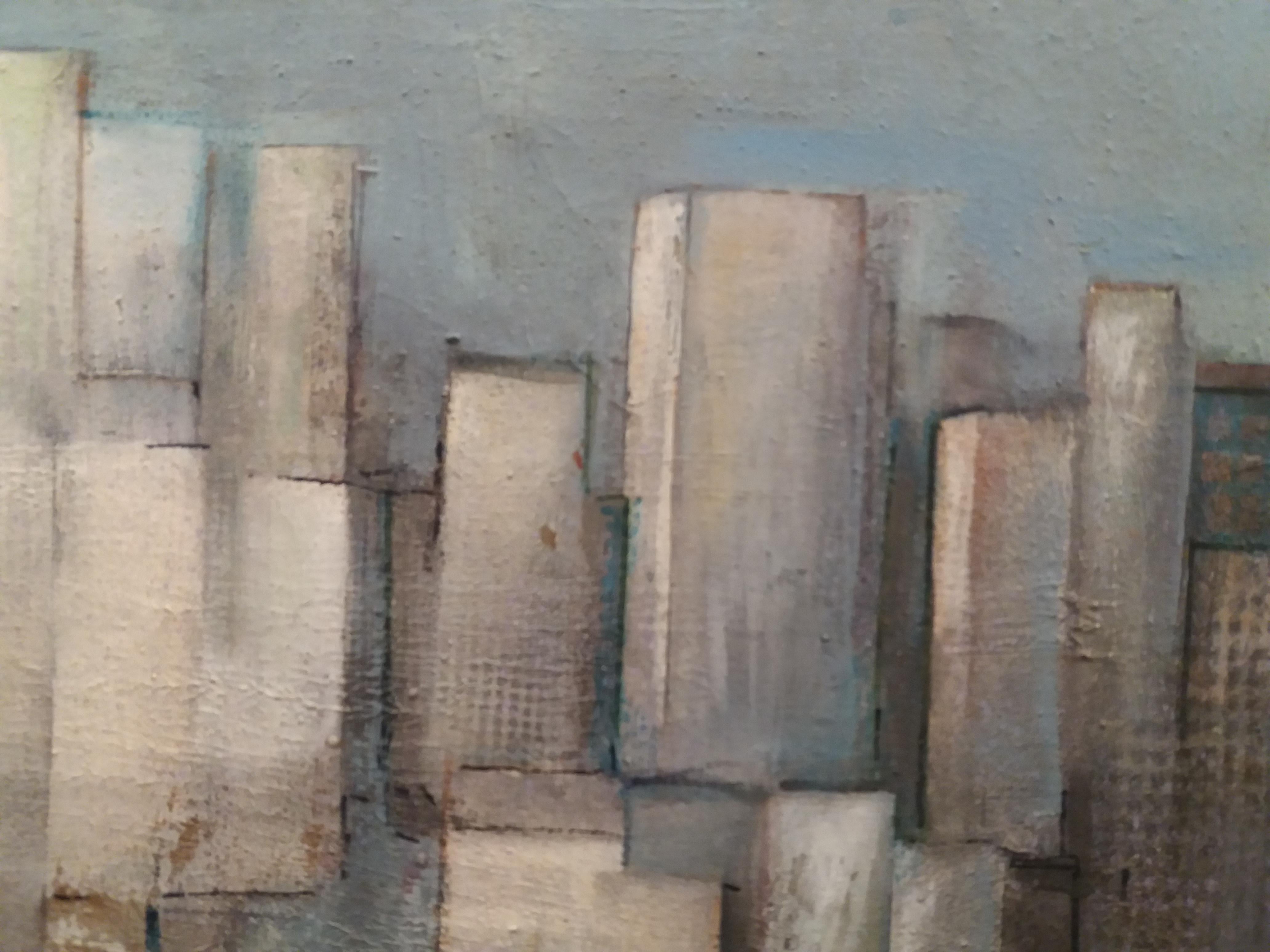 Raventos 7 Gebäude, Raventos  Stadt  Blau  Originalgemälde (Expressionismus), Painting, von Maria Asuncion Raventos