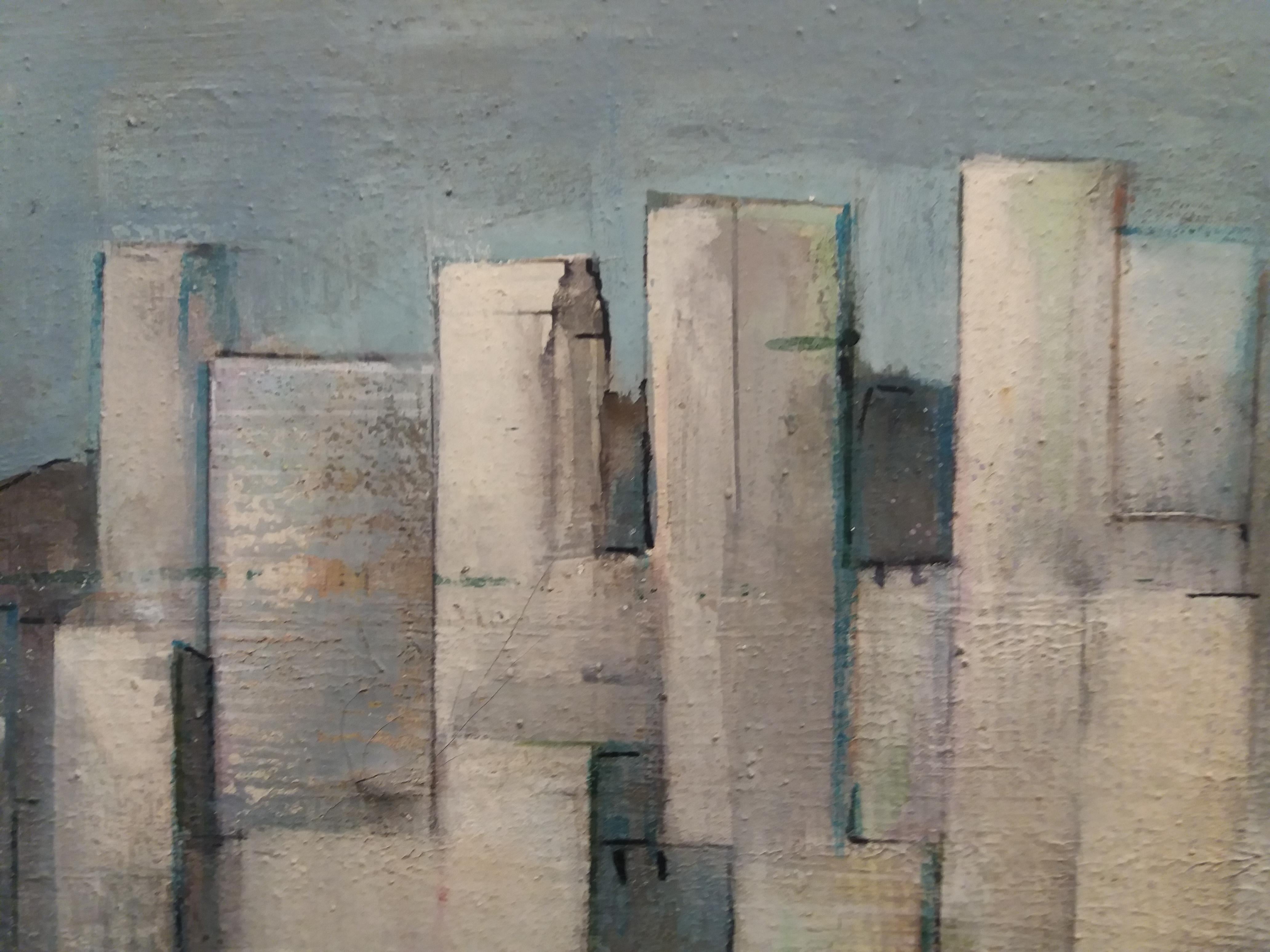 Raventos 7 Gebäude, Raventos  Stadt  Blau  Originalgemälde (Schwarz), Landscape Painting, von Maria Asuncion Raventos