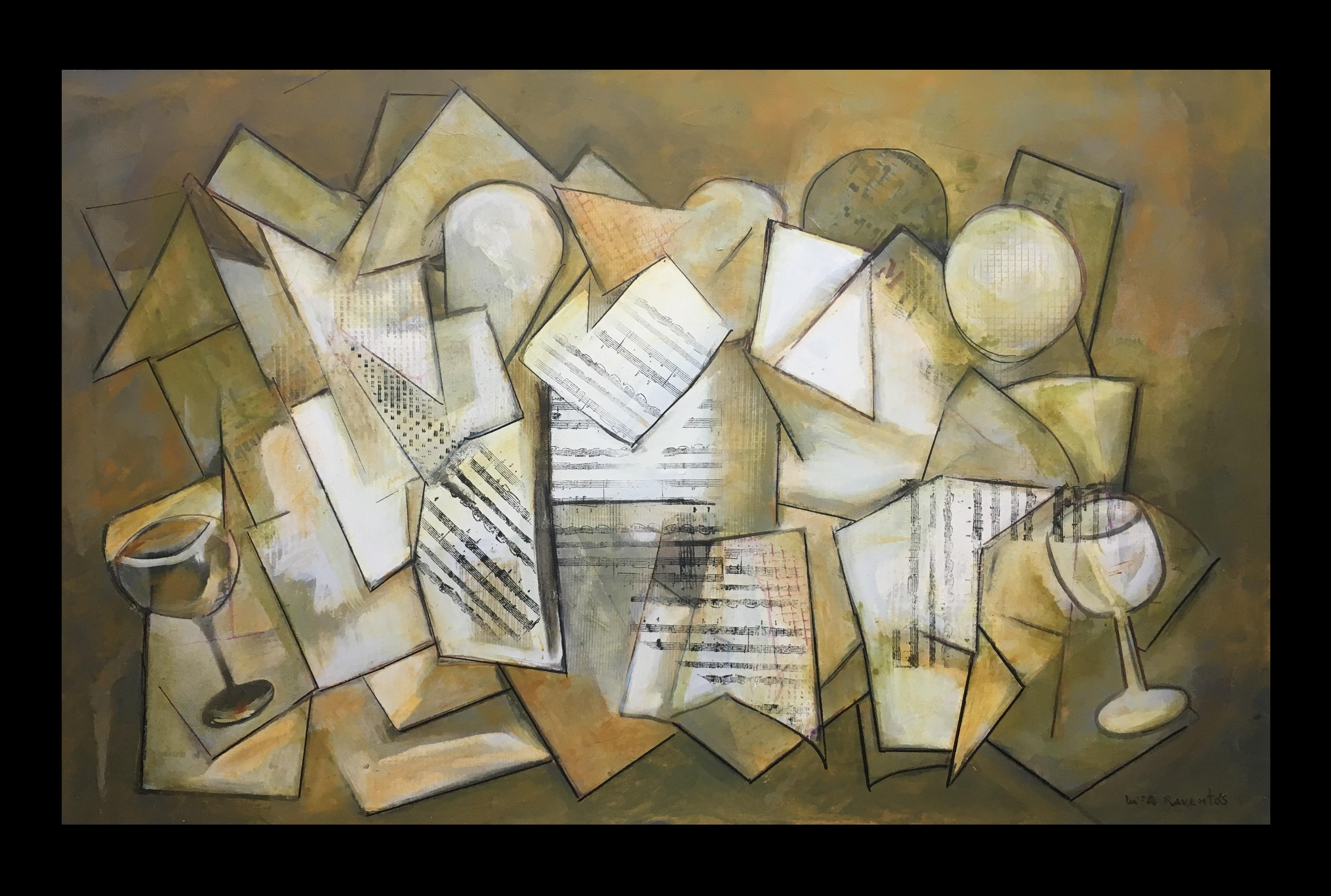 Raventos  7 Geometrische Figuren in Goldbraun  Weiß – Painting von Maria Asuncion Raventos