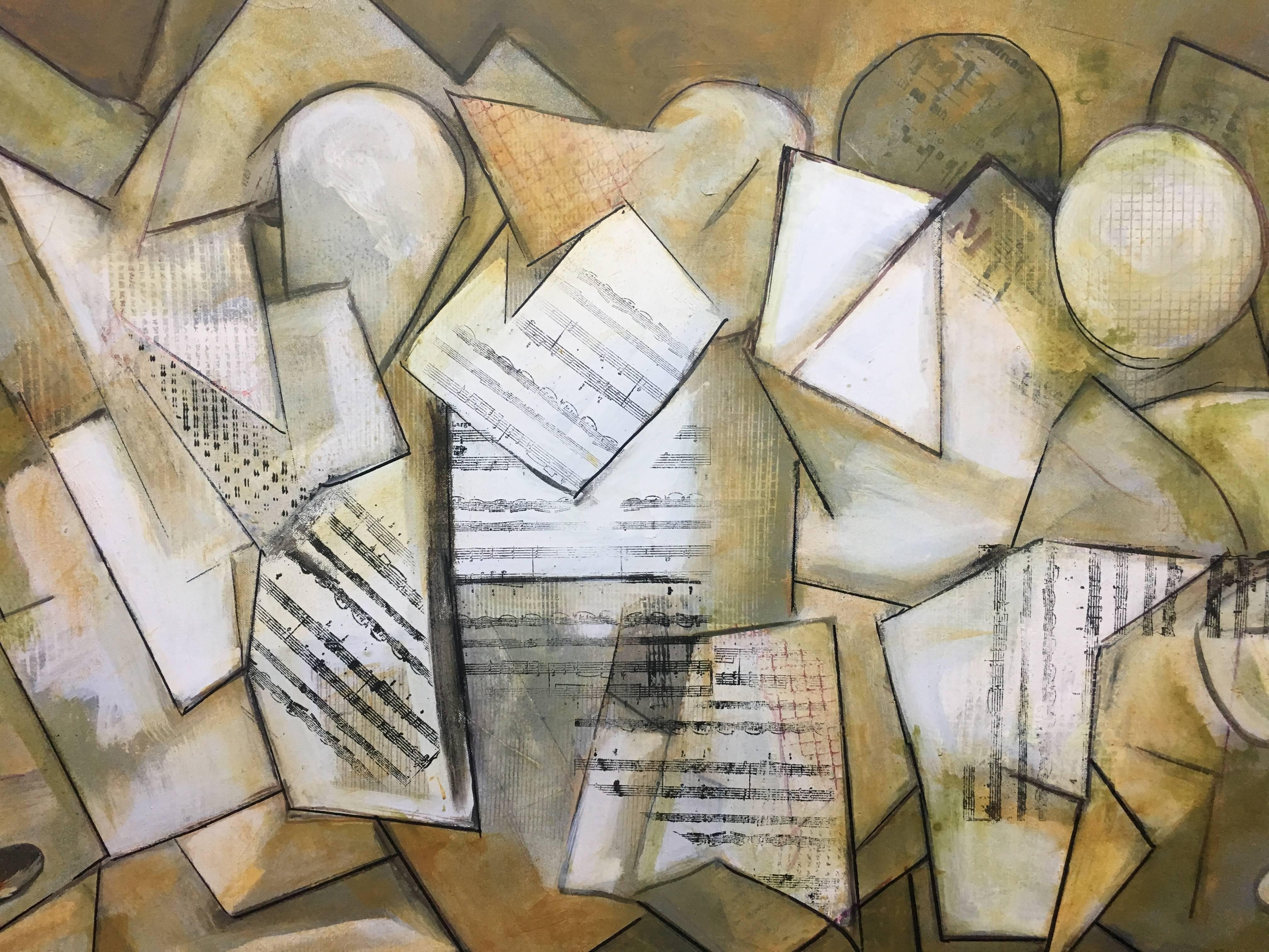 Raventos  7 Geometrische Figuren in Goldbraun  Weiß (Schwarz), Abstract Painting, von Maria Asuncion Raventos