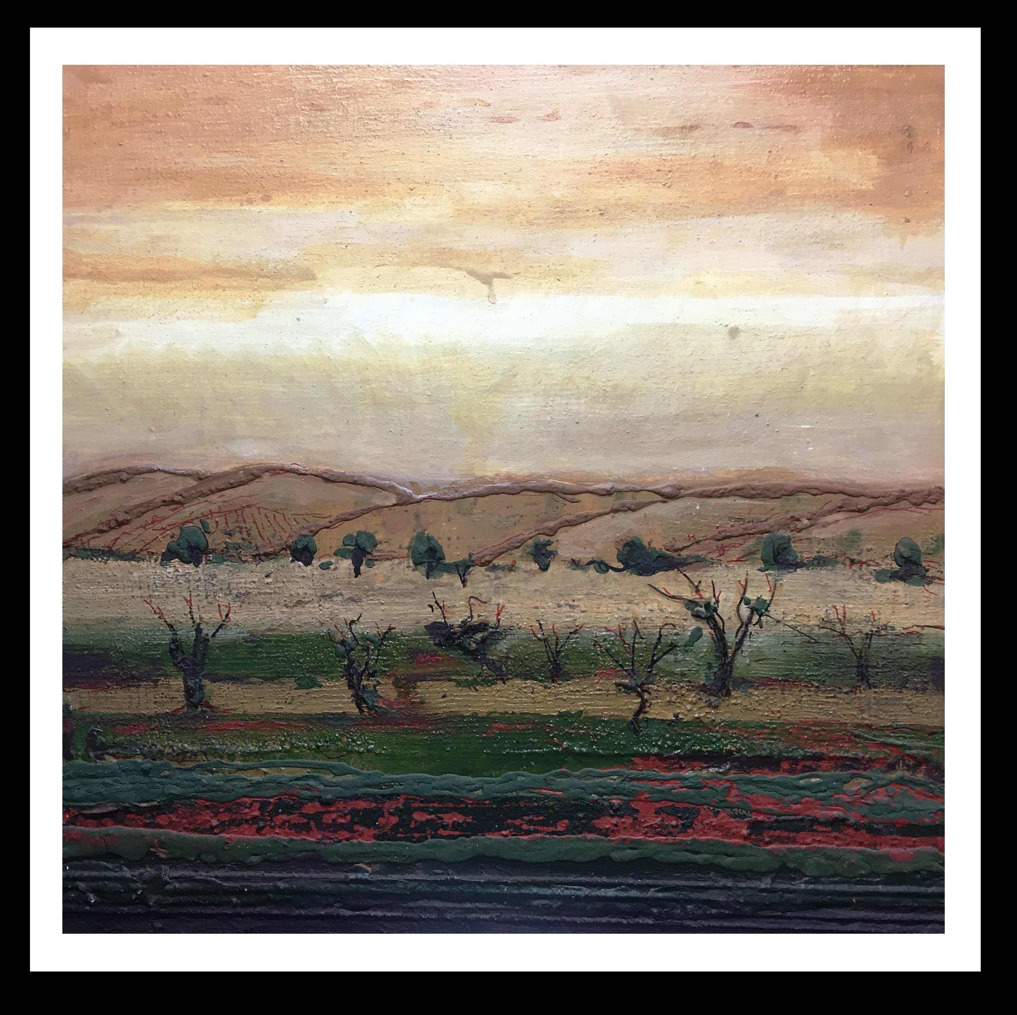 Landscape Painting Maria Asuncion Raventos -  Raventos   Vents Vignes  Arbres  Carré  Coucher de soleil  acrylique expressionniste originale