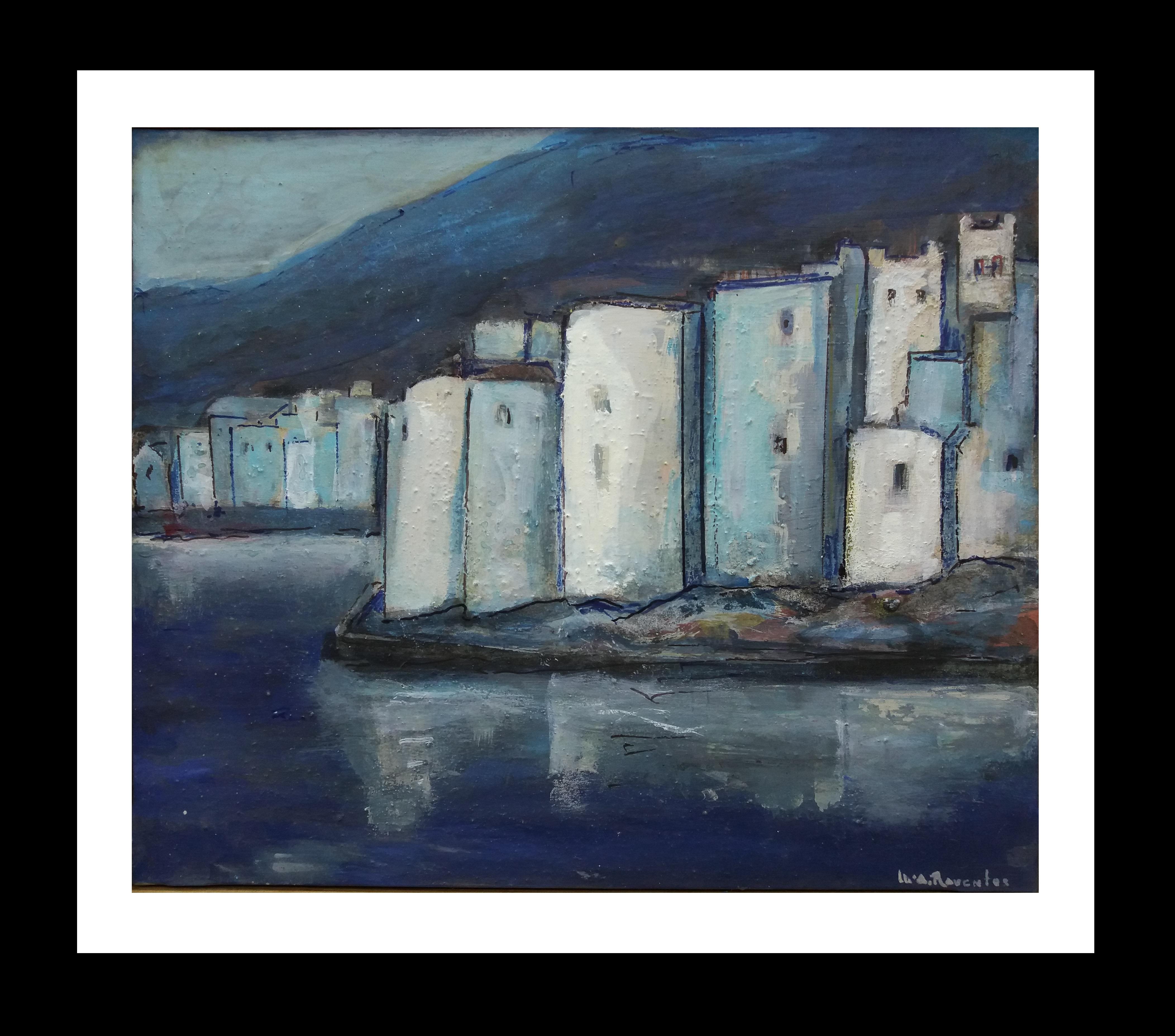 Landscape Painting Maria Asuncion Raventos - Raventos  Peinture expressionniste originale bleue de Cadaques