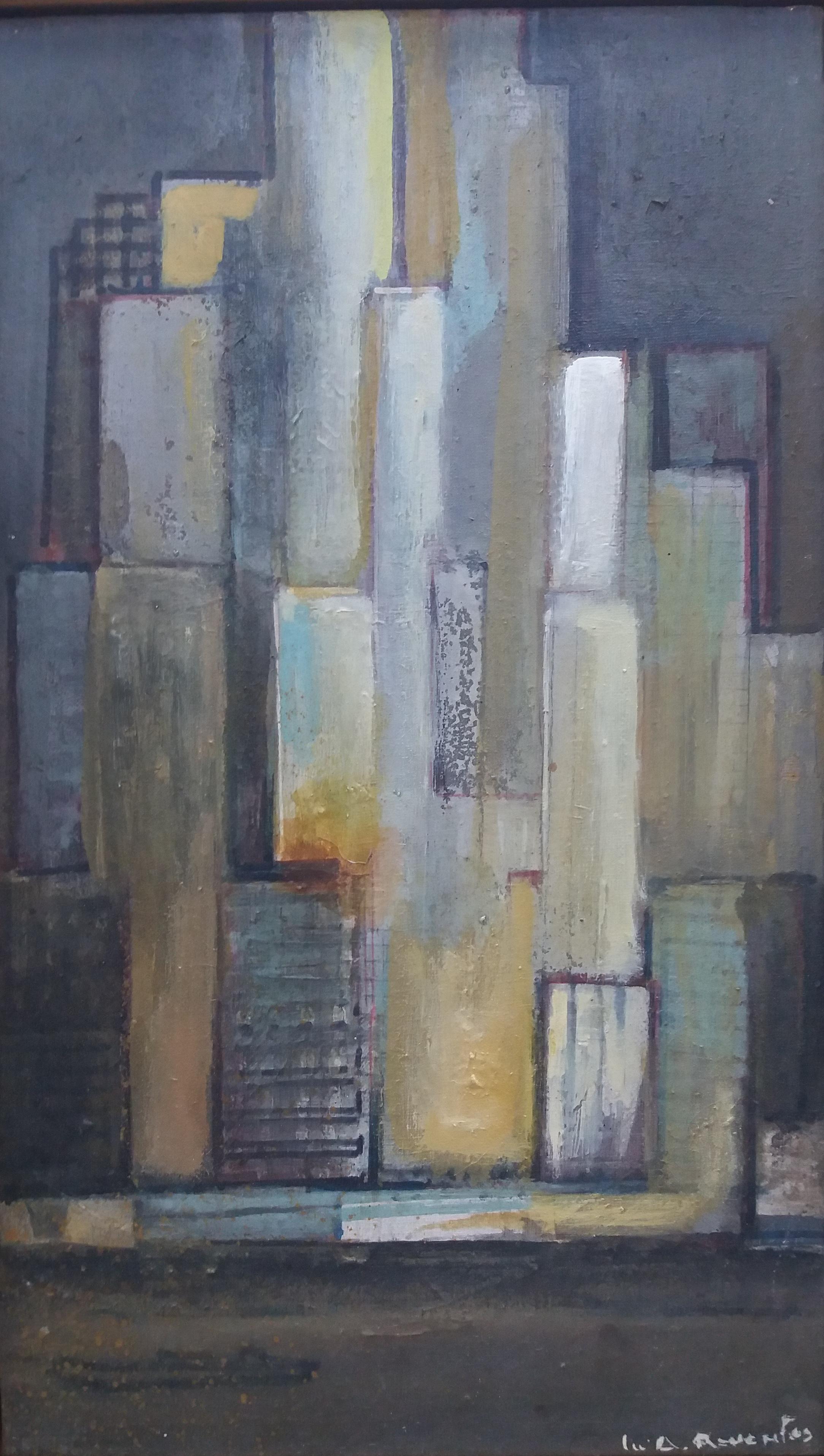 Raventos   Piccola città verticale, pittura acrilica espressionista originale - Painting di Maria Asuncion Raventos